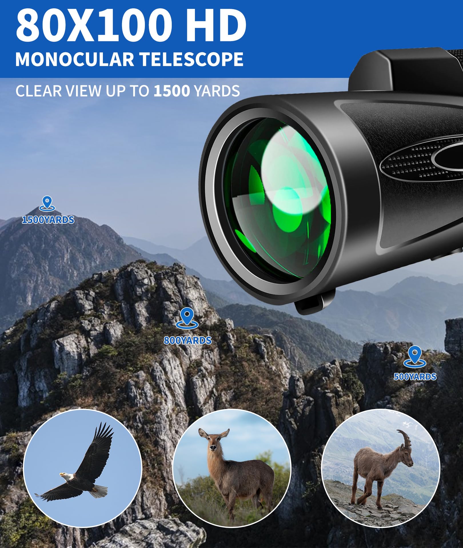 Md.Life Monocular Telescope 80X100 High Power With Smartphone Adapter Tripod,Larger Vision Monoculars For Adults With Bak4 Prism & Fmc Lens, Suitable For Bird Watching Hunting Hiking Camping Wildlife-Black