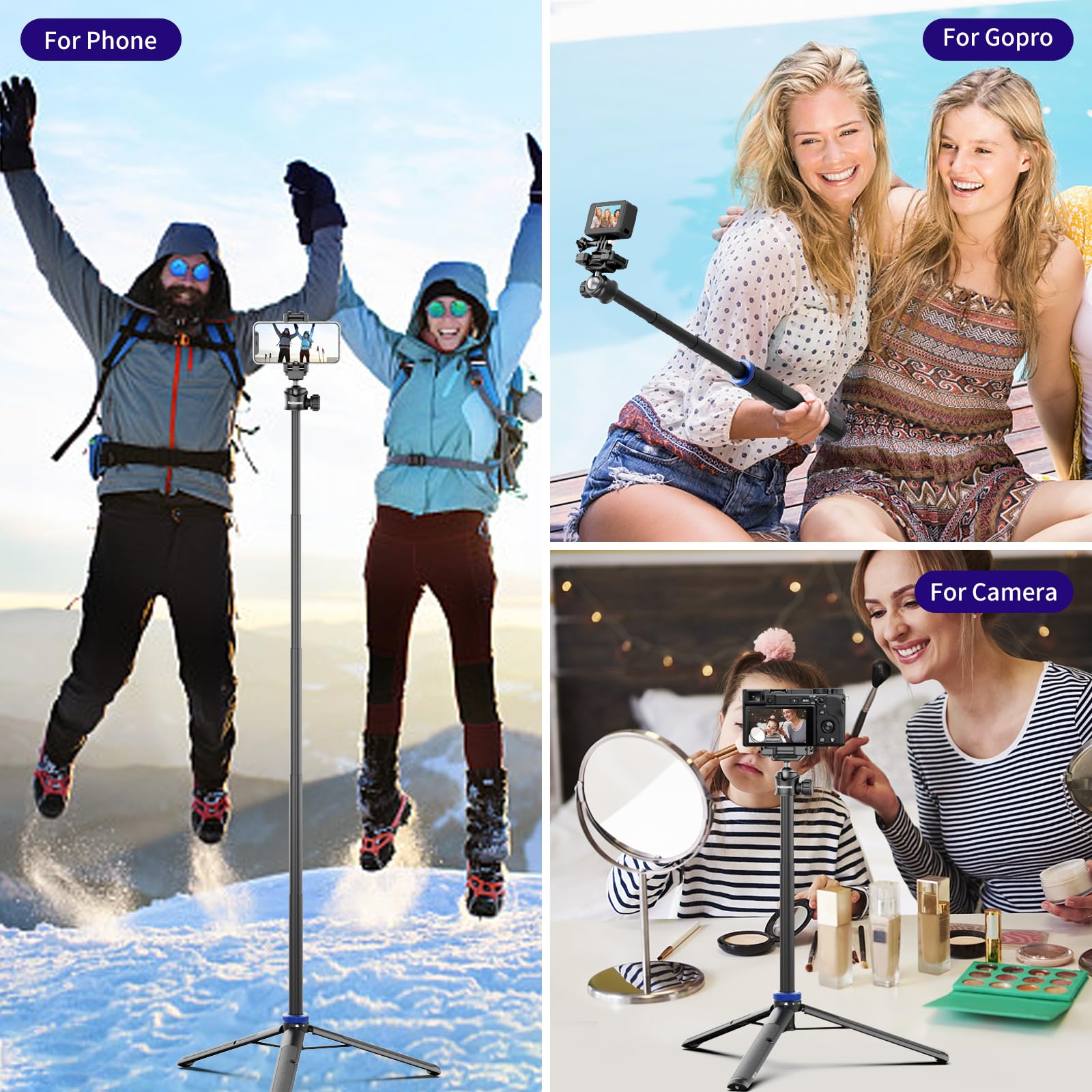 Kaitezenz Selfie Stick Tripod For Gopro Camera, 64" Extendable Stand With 360° Ball Head 1/4" Screw, Portable Lightweight Camera Tripod For Gopro Max Hero 11 10 9 8 7 6 5 Dji Osmo Action Phone