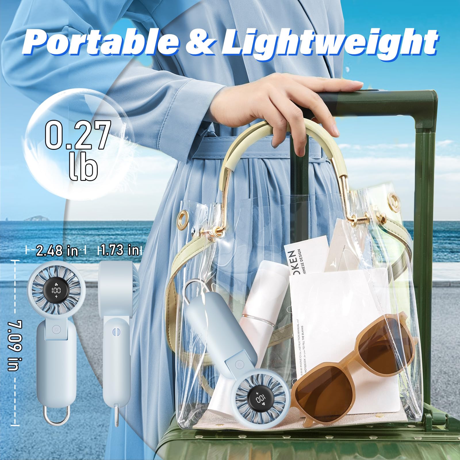 Handheld Fan - Portable Hand Held Turbo Fan With Led Display, 5 Speeds, Neck Lanyard, Usb