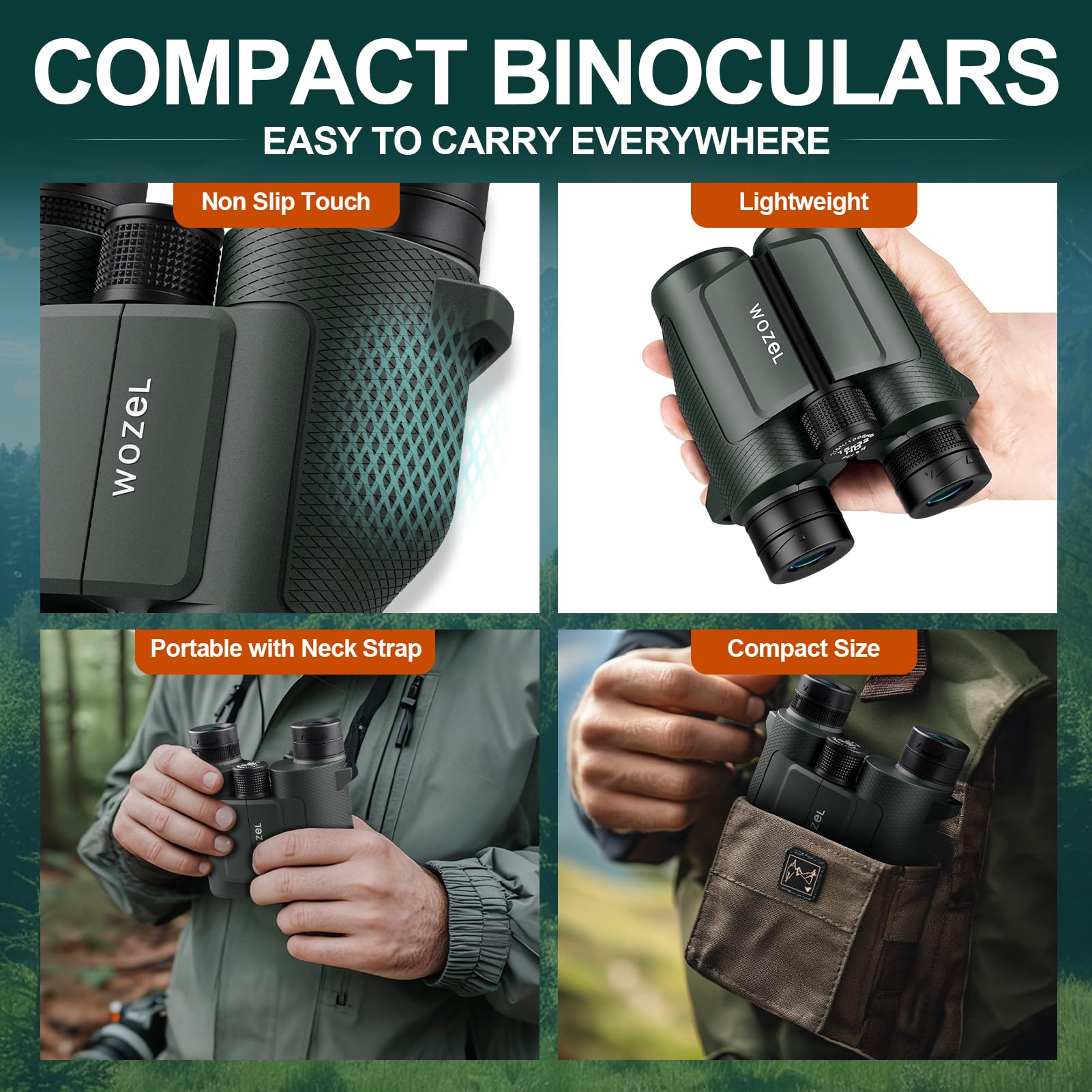 Wozel 15X32 Compact Binoculars For Adults And Kids - High Powered Small Binoculars For Bird Watching, Hunting, Travel, Hiking, Concert, Sports And Outdoors - Easy Focus With Large Objectives - Green