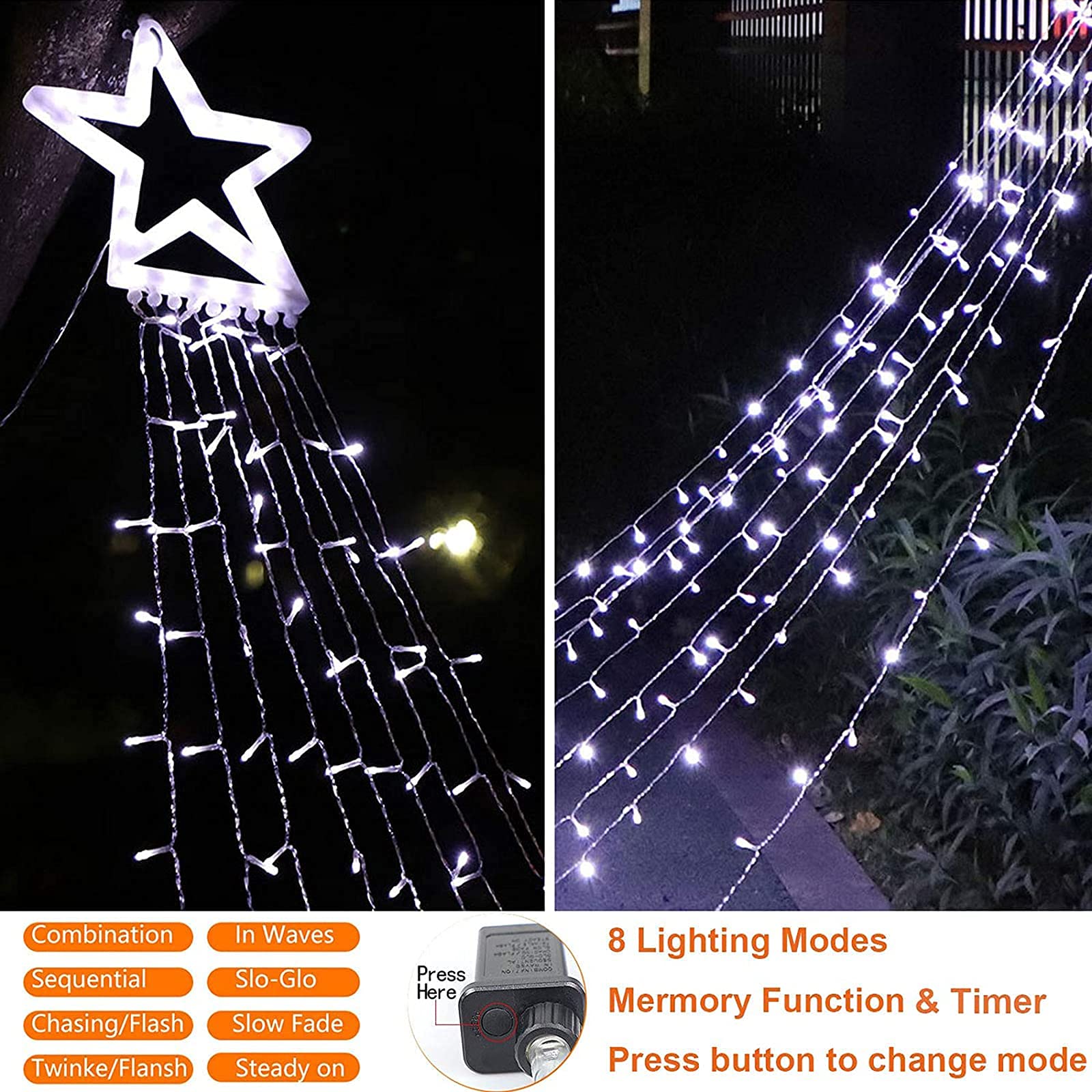 Cerflyer Christmas Decoration Lights, Outdoor Christmas String Lights 320 Led 11.5 Ft Waterfall Tree Lights With Big Star Topper 8 Light Modes For Christmas Year Holiday Garden Yard Indoor Outdoor Decor
