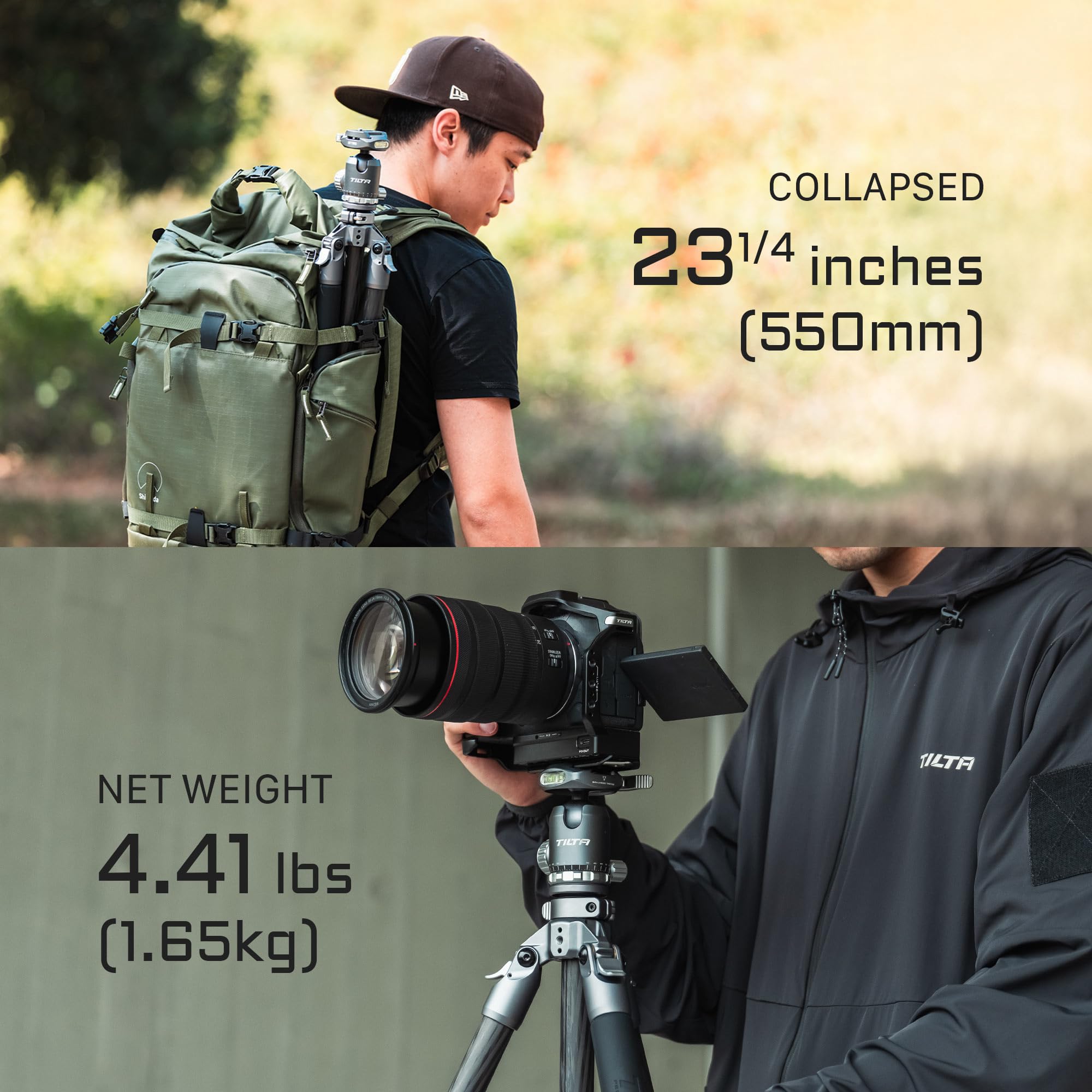 Tilta Travel Ball Head With 3-Stage Carbon Fiber Tripod Legs (5Kg)  11Lbs Load Capacity  Arca Quick Release Plate  Multiple Mounting Points  Low-Angle Shooting (Forest Green)