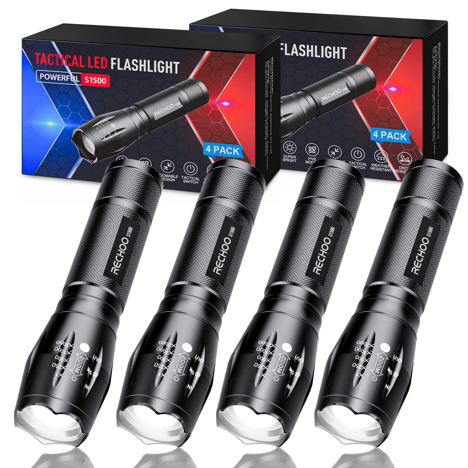 Rechoo Tactical Flashlight 4 Pack, Bright Zoomable Led Flashlight With High Lumens And 5 Modes, Waterproof Portable Pocket Flash Light For Emergency, Camping, And Outdoor Use - S1500