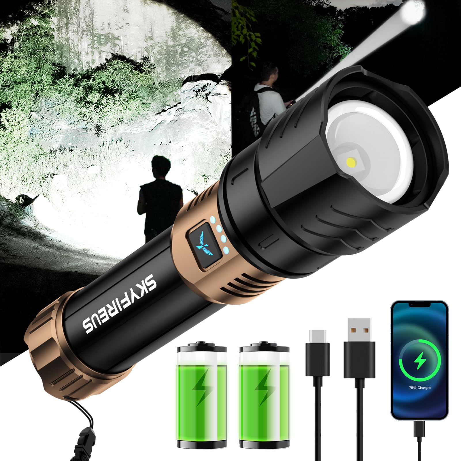 Skyfire Led Flashlight High Lumens,Super Bright Rechargeable Flashlight 8000Mah,Zoomable,Four Modes,Waterproof Flash Light For Camping Essentials,Outdoor And Home Emergencies-Gold&Black