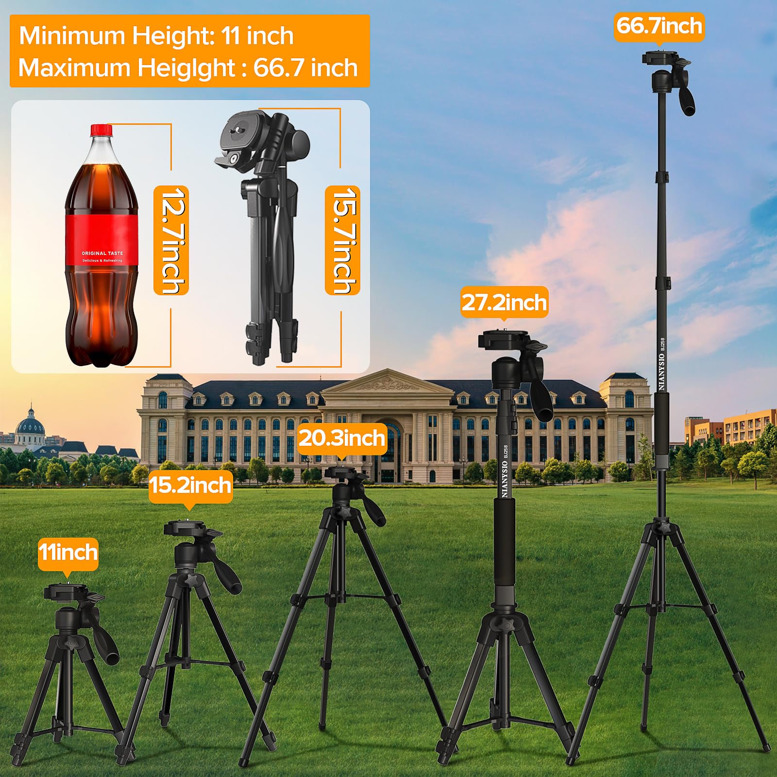 Nianyiso Professional Camera Tripod 66.7 Inch Portable Tripod For Photography, Heavy Duty Aluminum Phone Tripods, Compatible With Camera And Iphone For Video Shooting Travel
