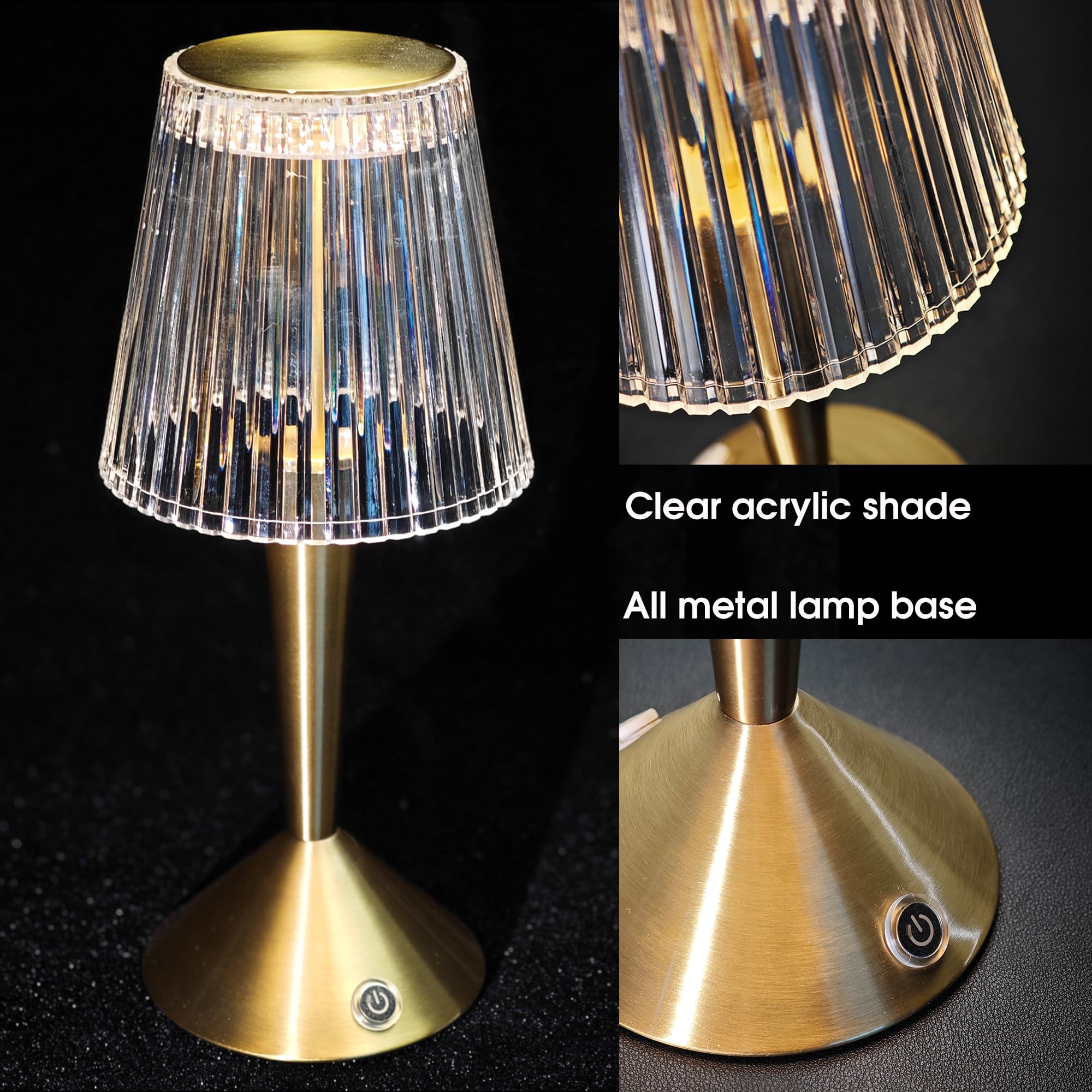 Oneskylumina Cordless Table Lamp, Gold Base, Clear Shade Touch Control Desk Lamp For Bedroom Living Room (Gold)