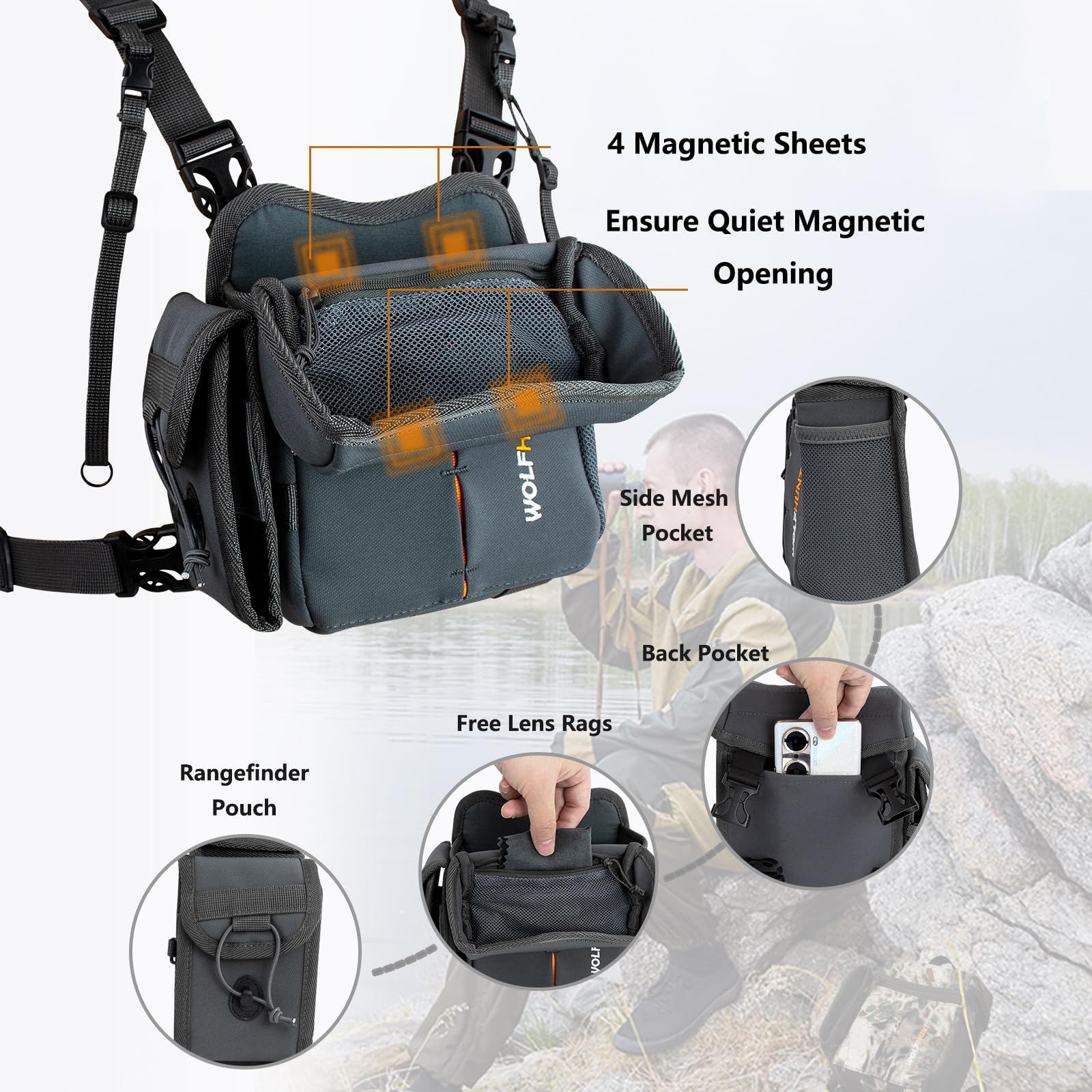 Wolfhunt Binoculars Harness For Hunting With Rangefinder Pouch, Binocular Chest Pack Built-In Magnetic Snap Design, Bino Harness Bag Case Adjustable Strap, Lens Cleaning Cloth, Triple-Use