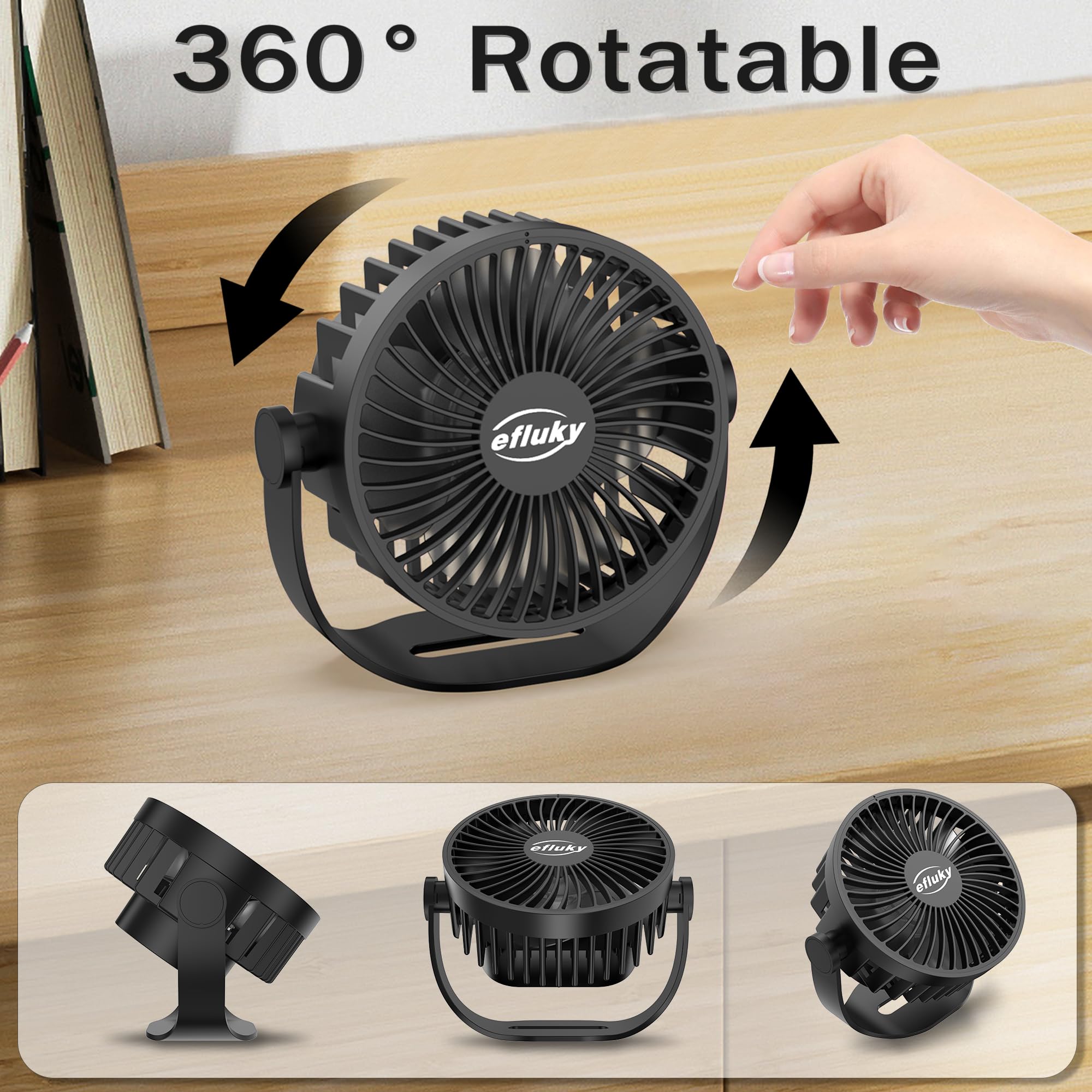 Efluky Usb Small Desk Fan, 3 Speeds Usb Rechargeable Fan Built-In Battery, 360° Adjustment Portable