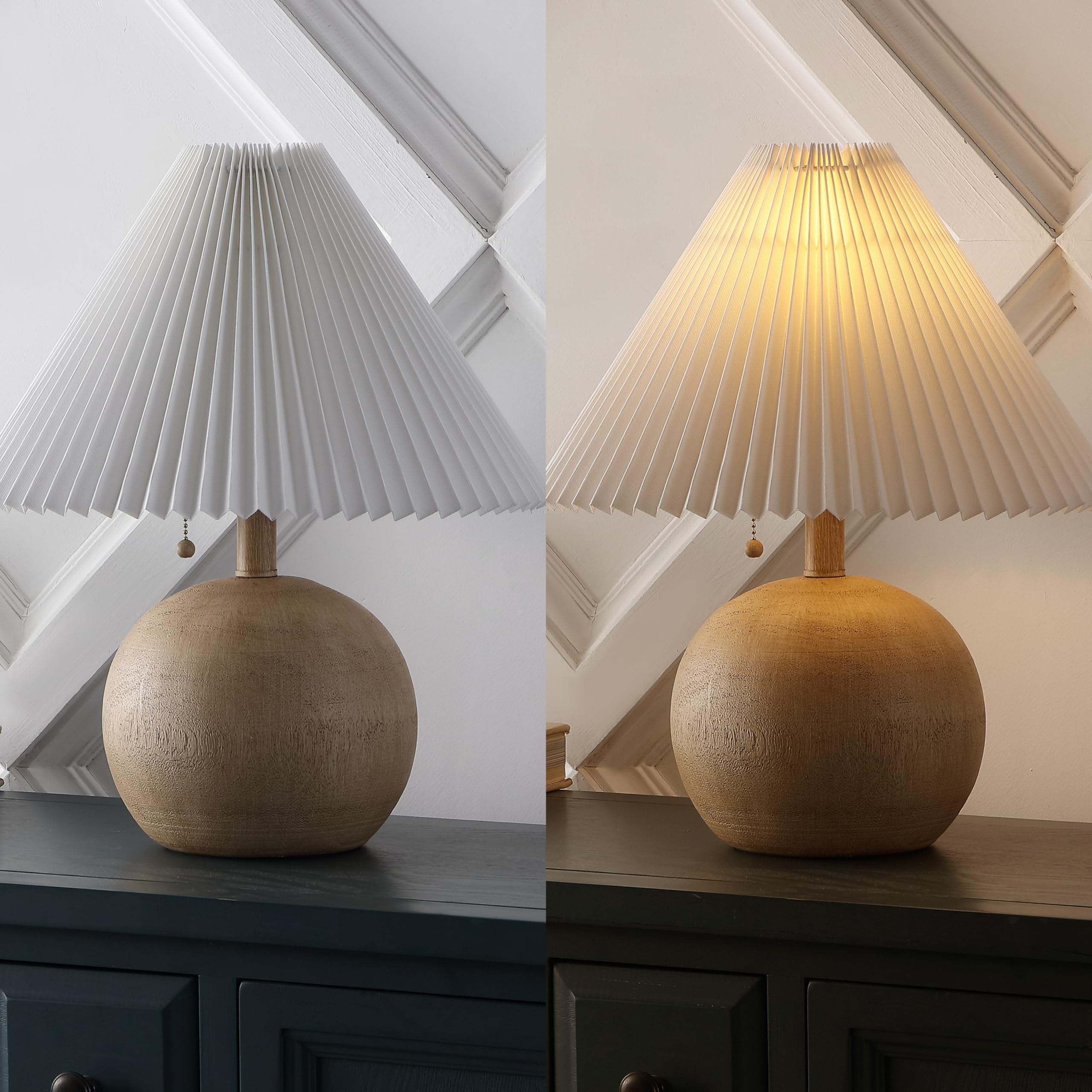 Jonathan Y Jyl1145B Aksel 17.25" Coastal Scandinavian Resin/Iron Sphere Led Table Lamp With Pleated Shade And Pull Chain, Beige Wood Finish/White, For Entry Console, Bedroom, Living Room