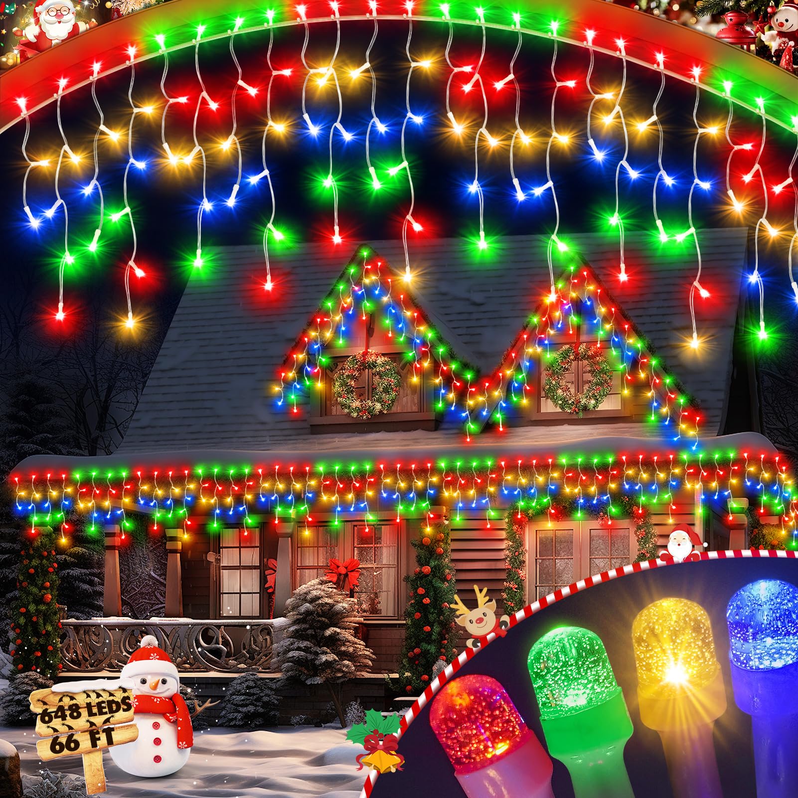 Nashcom Outdoor Christmas Lights, 66Ft 648 Led Hanging Christmas Lights With 144 Drops, Timer & Memory, 8 Modes Waterproof Fairy Lights For Outside House Patio Yard Holiday Decor, Multicolor
