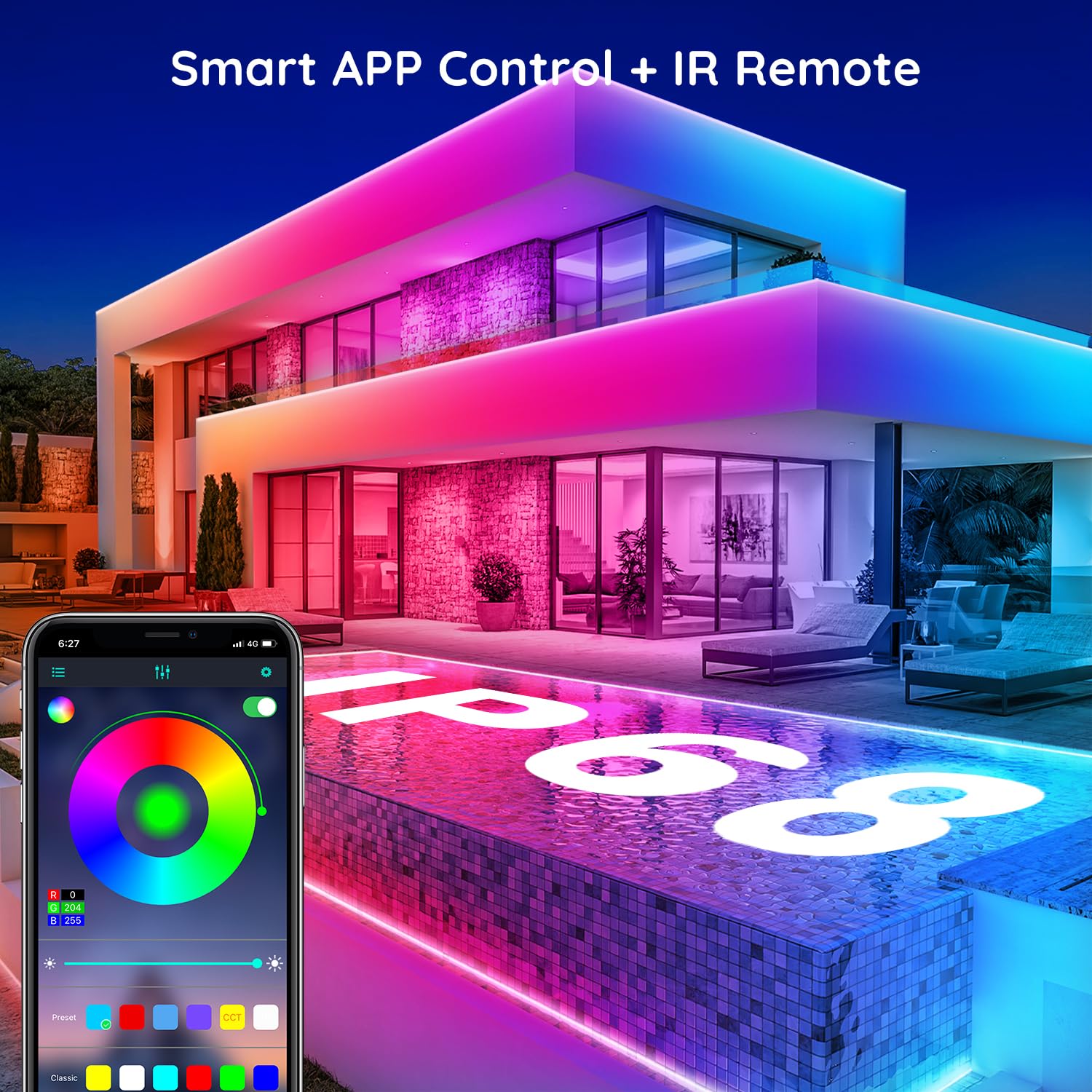 Aulimhti 100Ft Outdoor Led Strip Lights Waterproof,Music Sync Rgb Ip65 Outside Led Light Strips Waterproof With App And Remote,Exterior Led Rope Lights Waterproof For Deck,Balcony,Roof,Garden,Pool