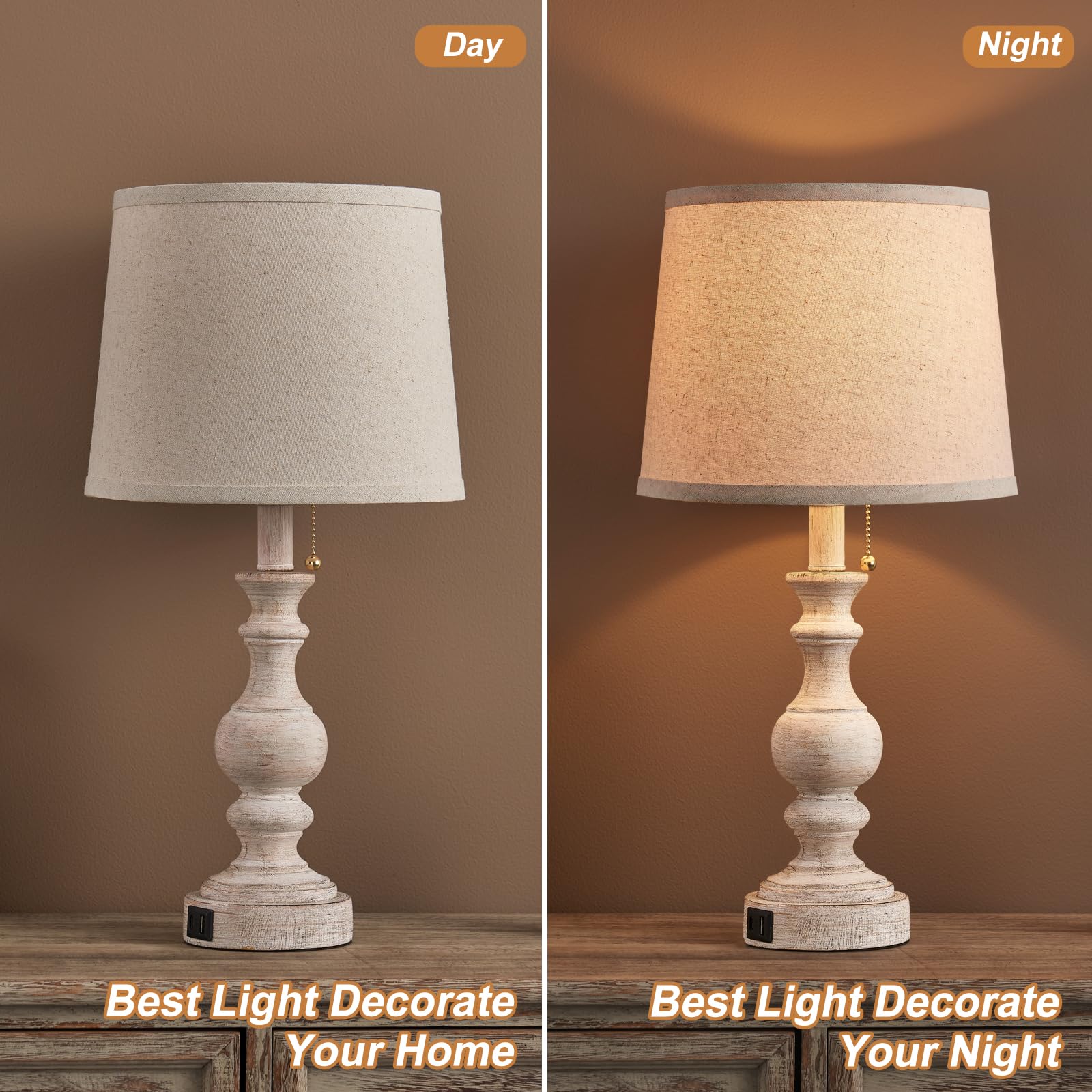 Booucuu Table Lamp For Bedroom Set Of 2 Farmhouse Bedside Lamps For Nightstand With Usb C+A Charging Ports Traditional Table Lamps For Living Room - Pull Chain Switch, Bulbs Not Included