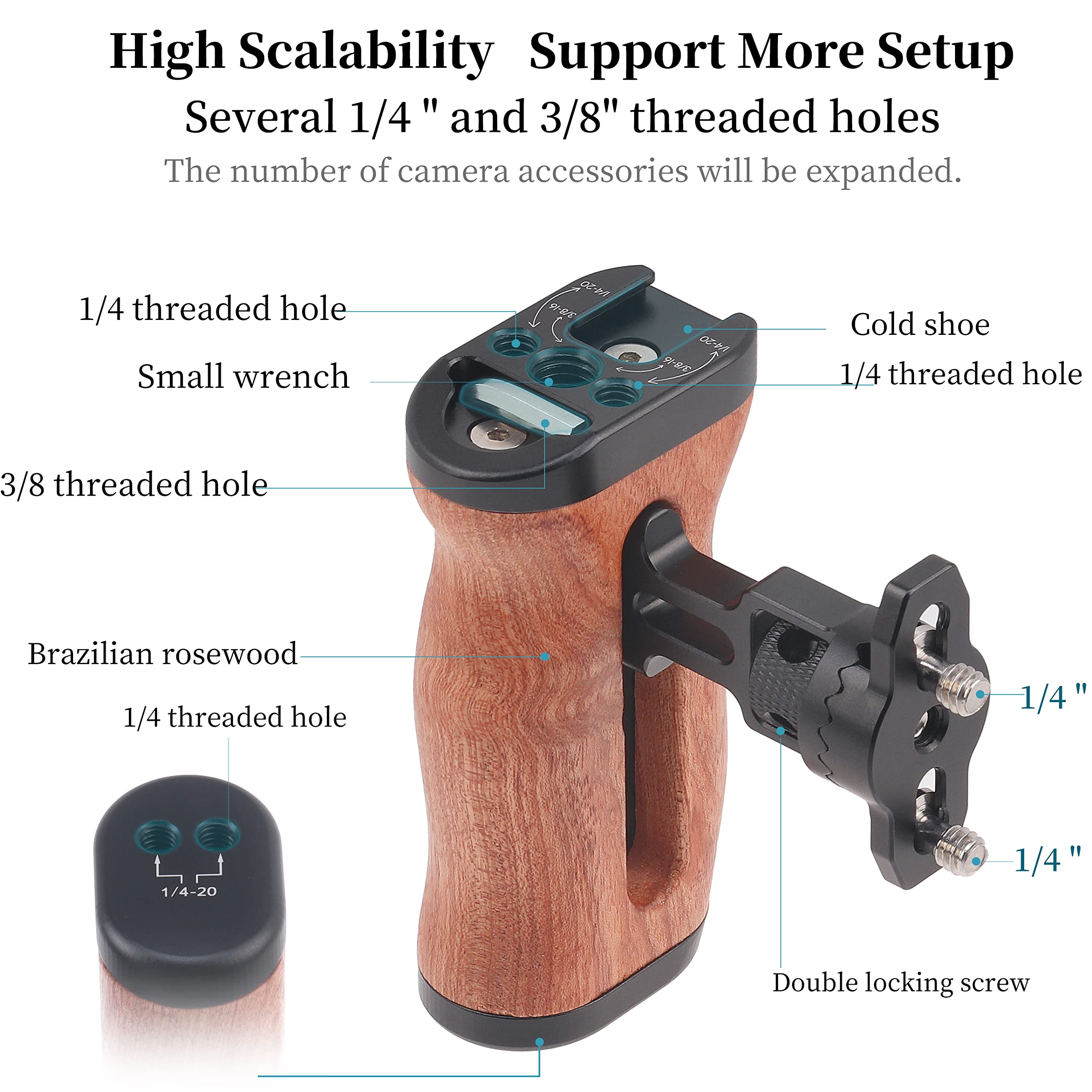 Fotga Wooden Side Handle Grip Stabilizer With Dual 1/4"-20 Screws Mount Cold Shoe For Dslr Mirrorless Video Camera Cage Microphone Built-In Allen Wrench,Up/Down Position Adjustable
