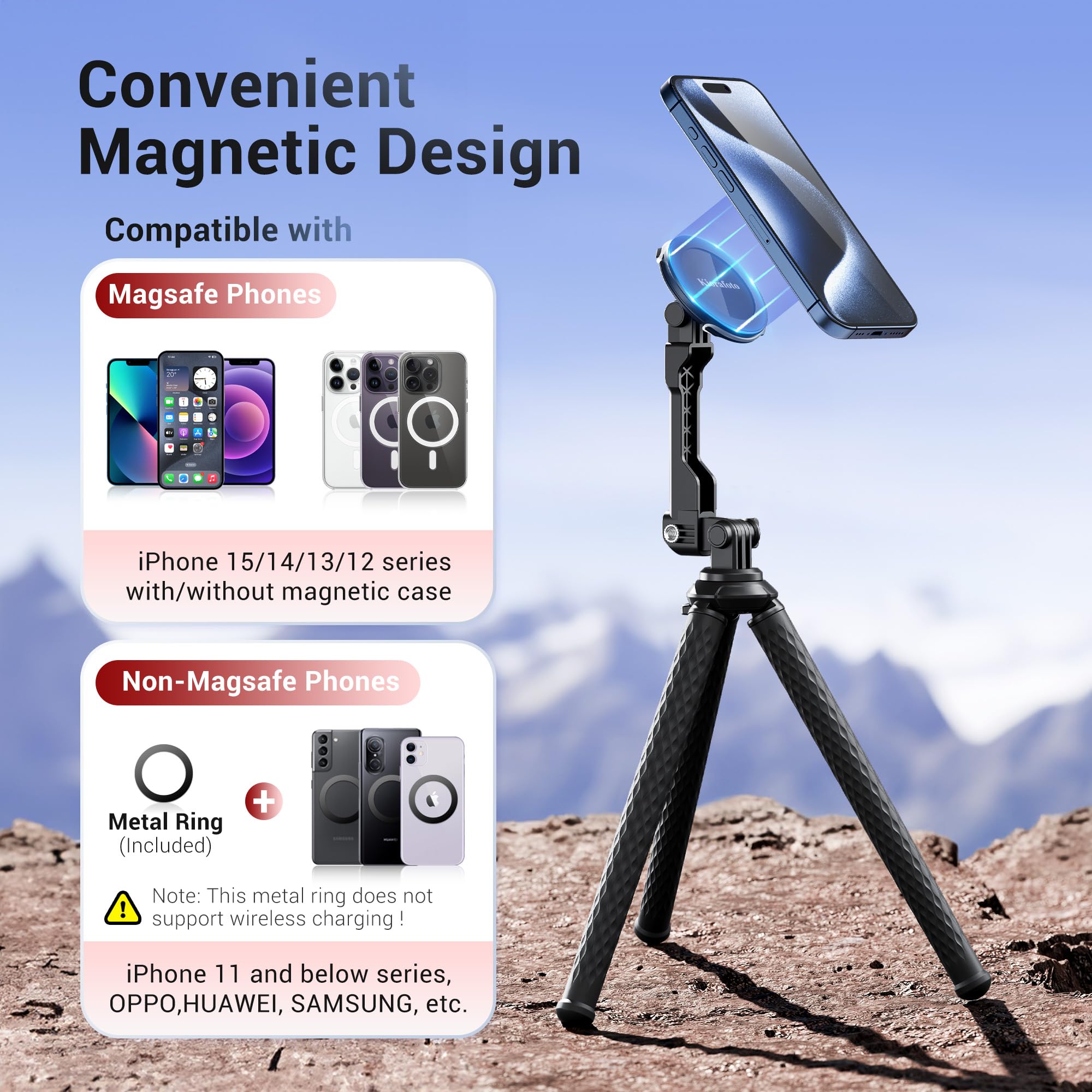 Kiorafoto Extended Magnetic Flexible Tripod For Iphone, Height & Angle Adjustable Bendable Octopus Tripod Cellphone Stand For Magsafe & Android & Compact Camera & Gopro Travel Selfie/Vlogging/Video Recording