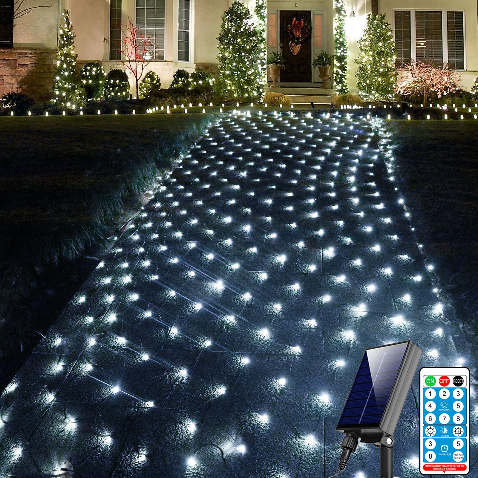 Heycolor Solar Net Lights Outdoor, 240 Led Cool White Mesh Lights Waterproof, 11.5 Ft X 5 Ft 8 Modes Green Wire String Lights With Remote For Bushes Trees Patio Garden Shrubs Indoor Decoration