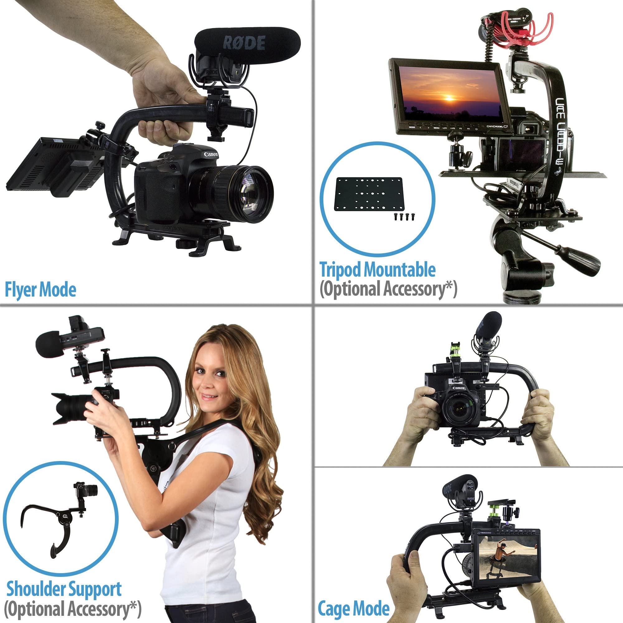 Cam Caddie Scorpion Ex Max Handheld Camera Stabilizer - Pro Steadycam For Most Cameras, Camcorders, Smart Phones And Action Cams - Includes (2) Accessory Shoes + Smartphone/Gopro Adapters - Black