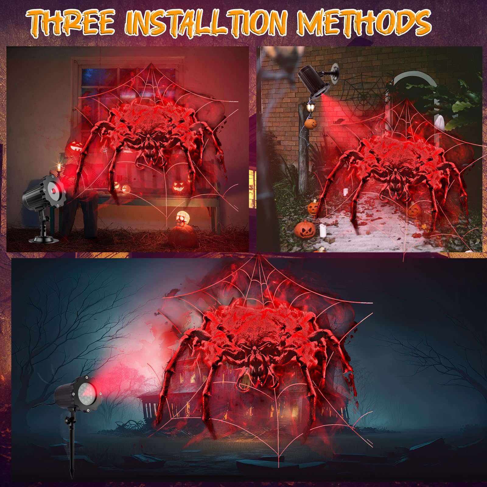 Aseojoon Halloween 3D Dynamic Ghost Spider Hologram Projector Light - Waterproof Outdoor For Window, Ground, Roof, Wall, Cemetery Decor