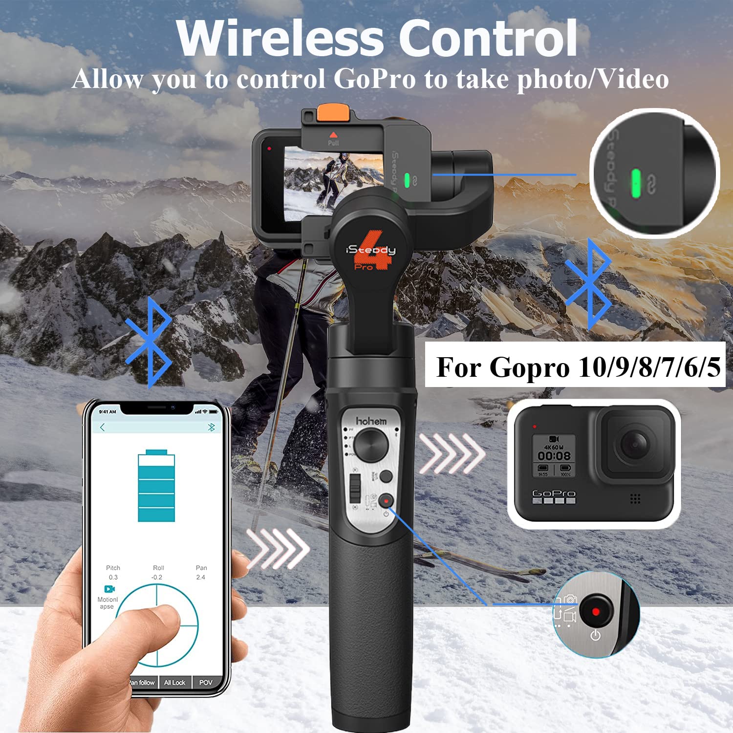Hohem Isteady Pro 4 3-Axis Gimbal Stabilizer For Gopro 13/12/11/10/9 8/7/6/5, For Osmo Action And Other Action Cameras,Support Bluetooth & Cable Control, Ipx4 Splash Proof With Tripod