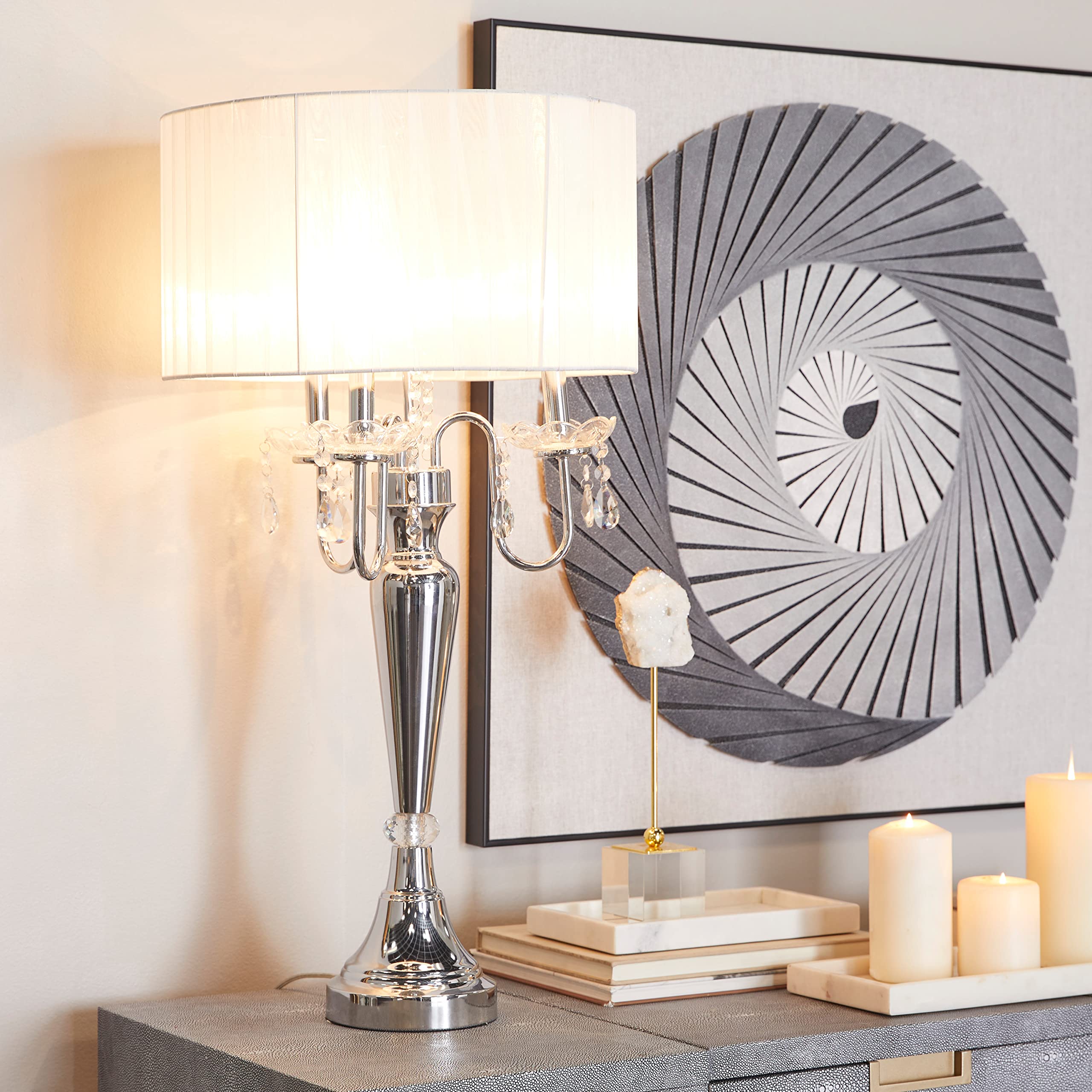 Deco 79 Metal Table Lamp With Dangling Crystals, 16" X 16" X 31", Silver