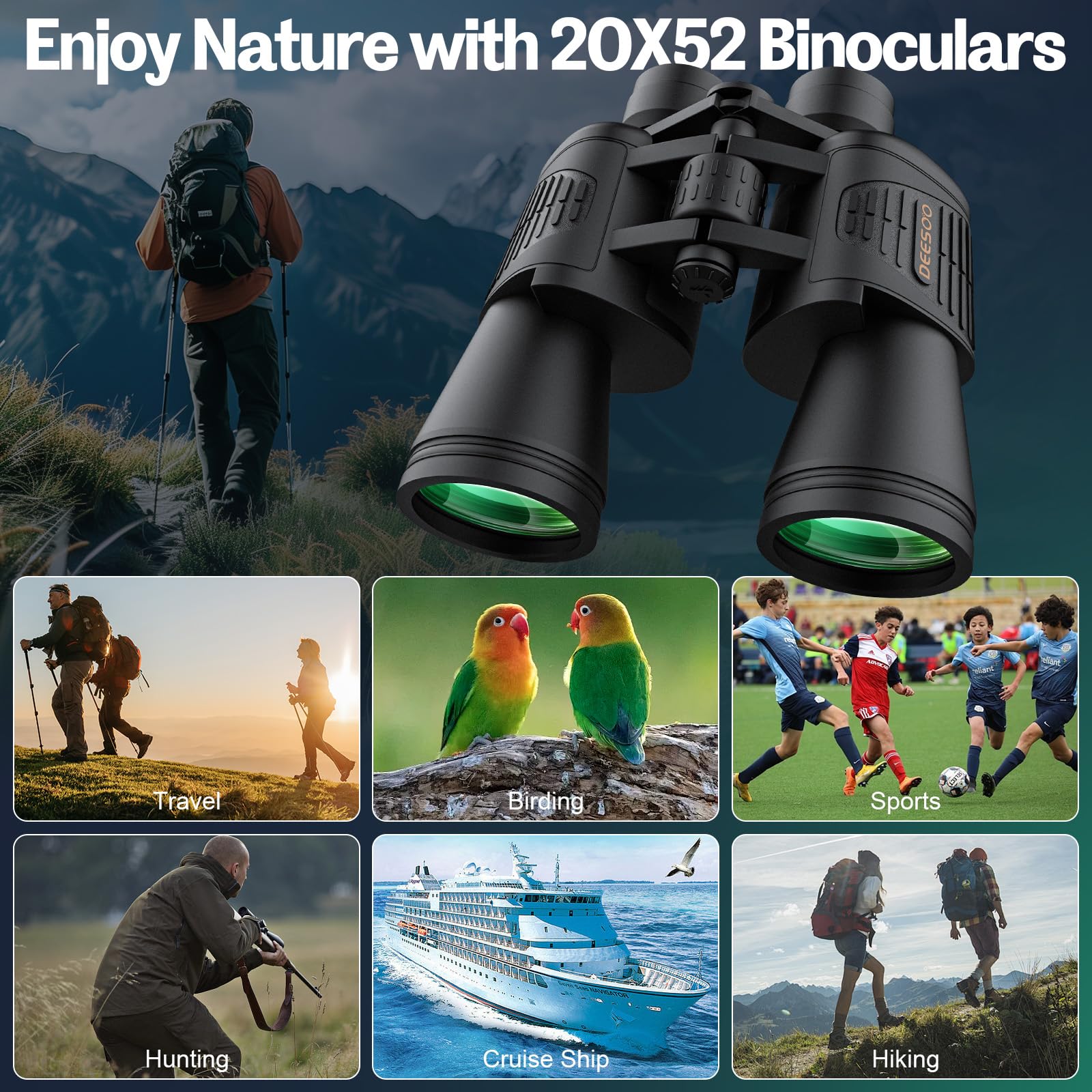 Deesoo Binoculars For Adults High Powered - 20X52 Hd Large View With Clear Low Light - Professional Binoculars For Bird Watching Hunting Stargazing Football Travel Cruise Outdoor Sports With Carrying Bag
