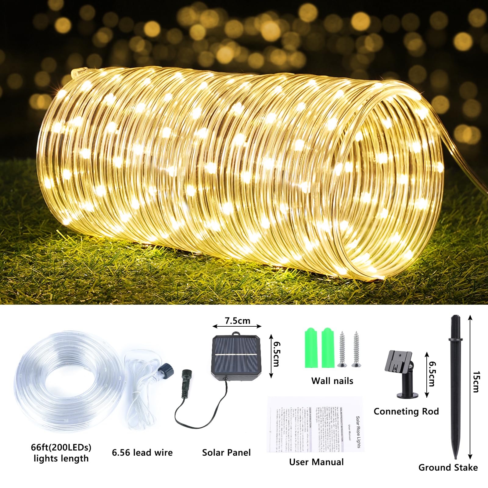 Jnaurb Solar Rope Lights, 66Ft 200Led Solar String Lights, 8 Modes Waterproof Solar Powered Outdoor Light, Flexible Clear Tube Light For Garden, Backyard, Patio, Deck, Porch, Pool, Tree Decor - Warm White