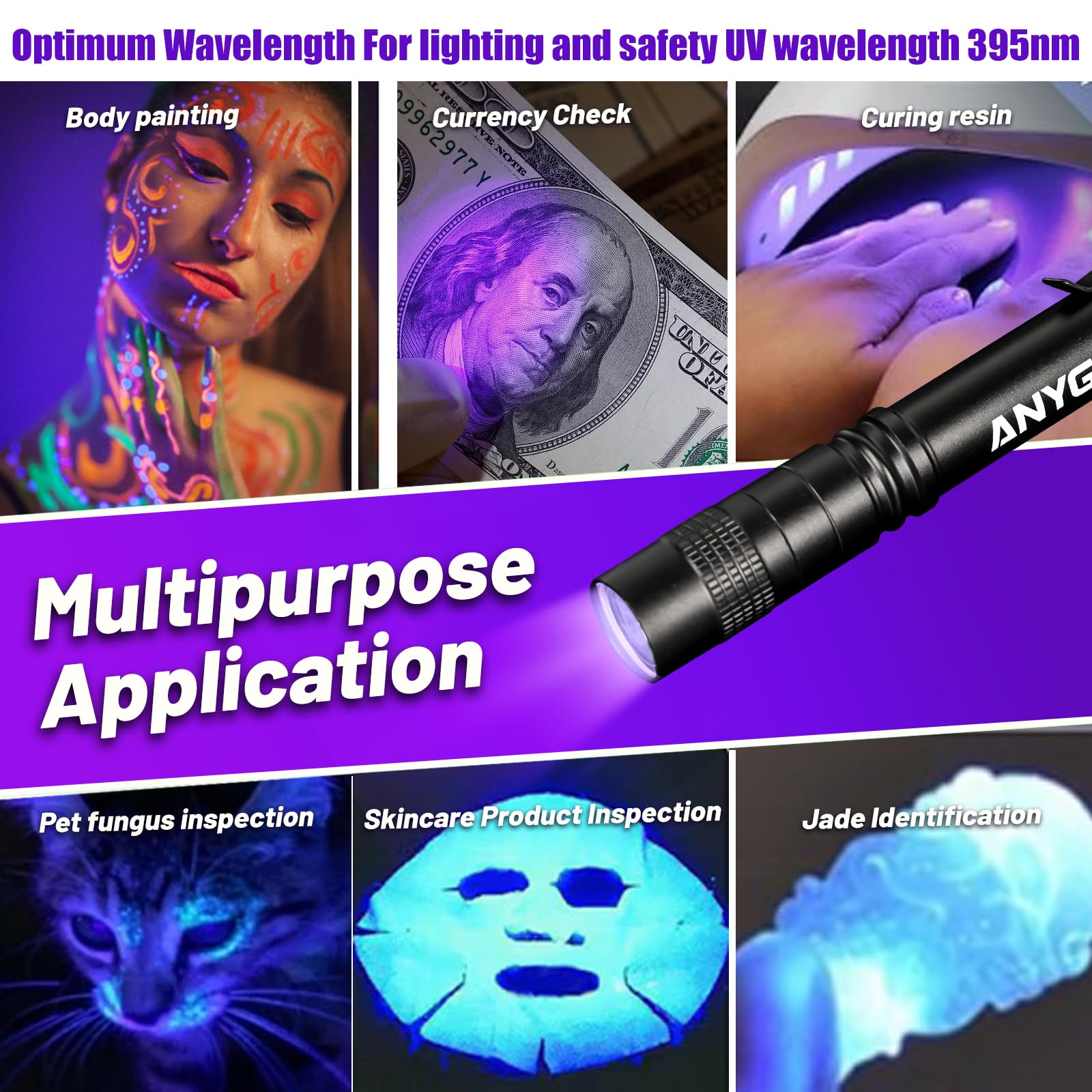 Anygo 395 Nm Pen Black Light, Mini Uv Flashlight With Clip, Small Blacklight Flashlights Pet Urine Detector Light, Uv Light Pen For Resin, Id Checking, Dry Stain And Dye Detector,Batteries Include（2-Pack）
