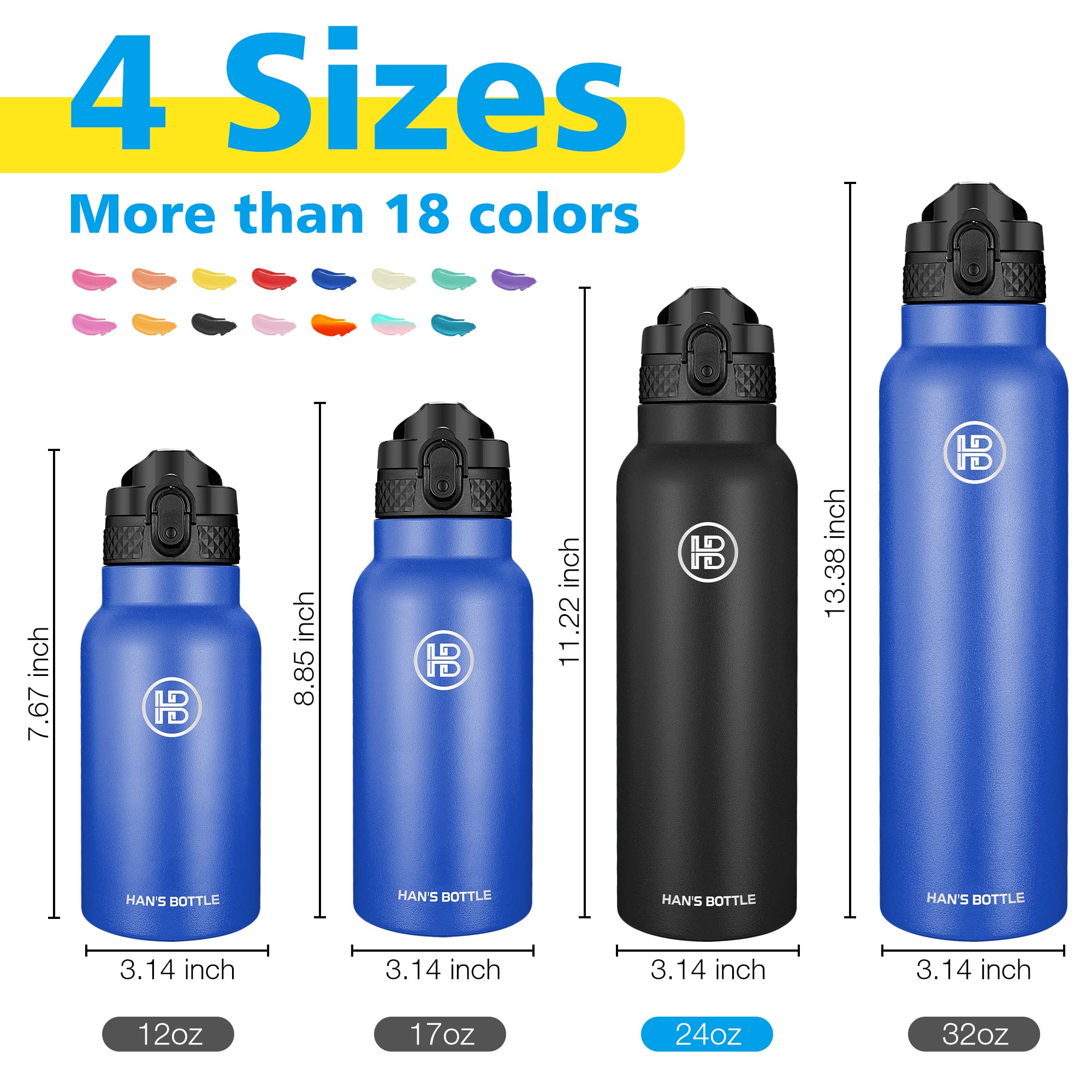 Han'S Bottle Sports Water Bottle - 24 Oz, Straw Lid, Leak Proof, Vacuum Insulated Stainless Steel