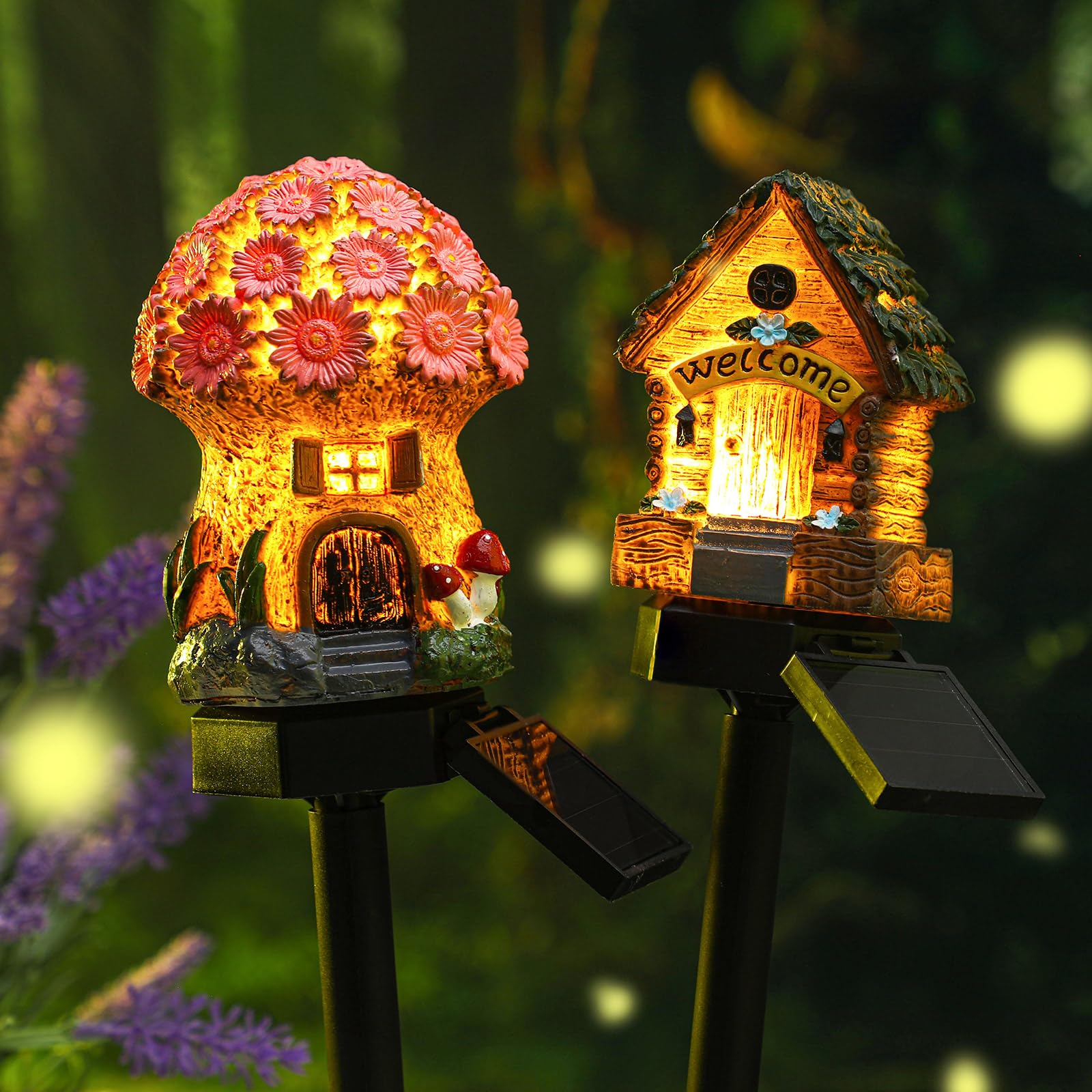 Rossesay 2 Pack Outdoor Garden Mushroom Fairy House Solar Light Home Statue Led Light Fairy Lights For Outside Garden Lawn Walkway Patio Yard Backyard Plant Decoration