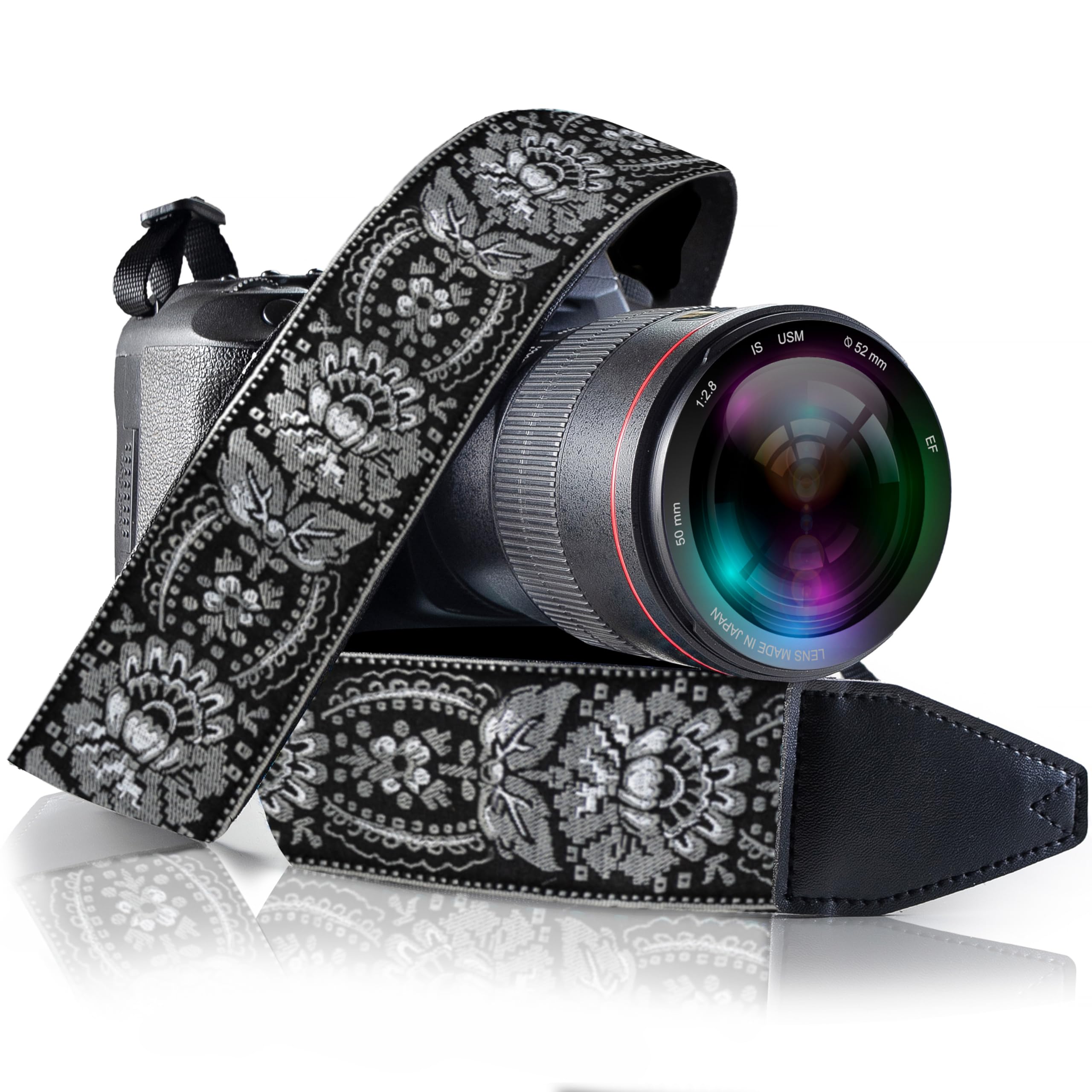 Art Tribute Camera Strap For All Dslr And Mirrorless Camera Including Binoculars. Embroidered Silver & Black Woven Strap Universal Neck Crossbody & Shoulder Belt,  For Photographers Men & Women