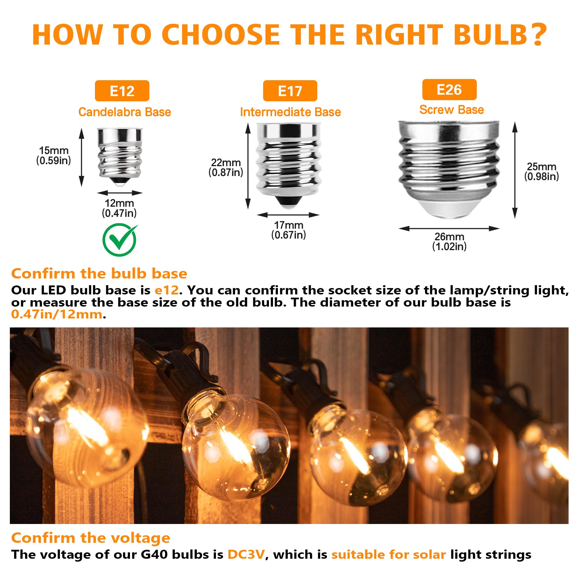Guangyue G40 Led Solar Replacement Bulbs,1W Equal To 5W, Plastic E12 Screw Base Shatterproof & Waterproof Globe Bulbs Light For Outdoor String Lights,Patio Cafe Bistro Decor, Dc 3V,2700K Warm White,25 Pack
