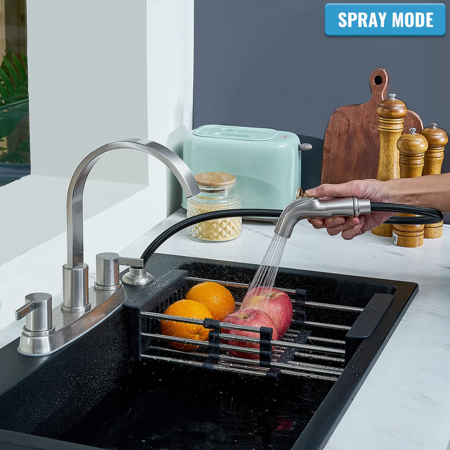 Rainmax Kitchen Faucet With Sprayer, Brushed Nickel Stainless Steel Kitchen Sink Faucet With Side Sprayer, 3 Hole Or 4 Hole Faucet For Kitchen Rv Laundry Utility Sink Kmf027L-5