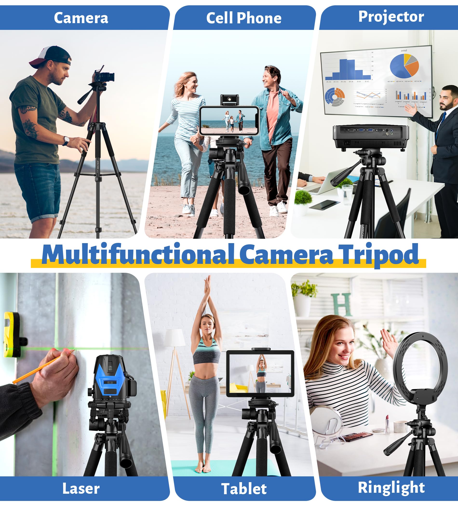 Joilcan Tripod For Camera, 67" Heavy Duty Camera Tripod, Phone Tripods For Video Recording Photo Vlog, Aluminum Tripods With Holder & Travel Bag For Cameras Dslr Iphone Projector Laser