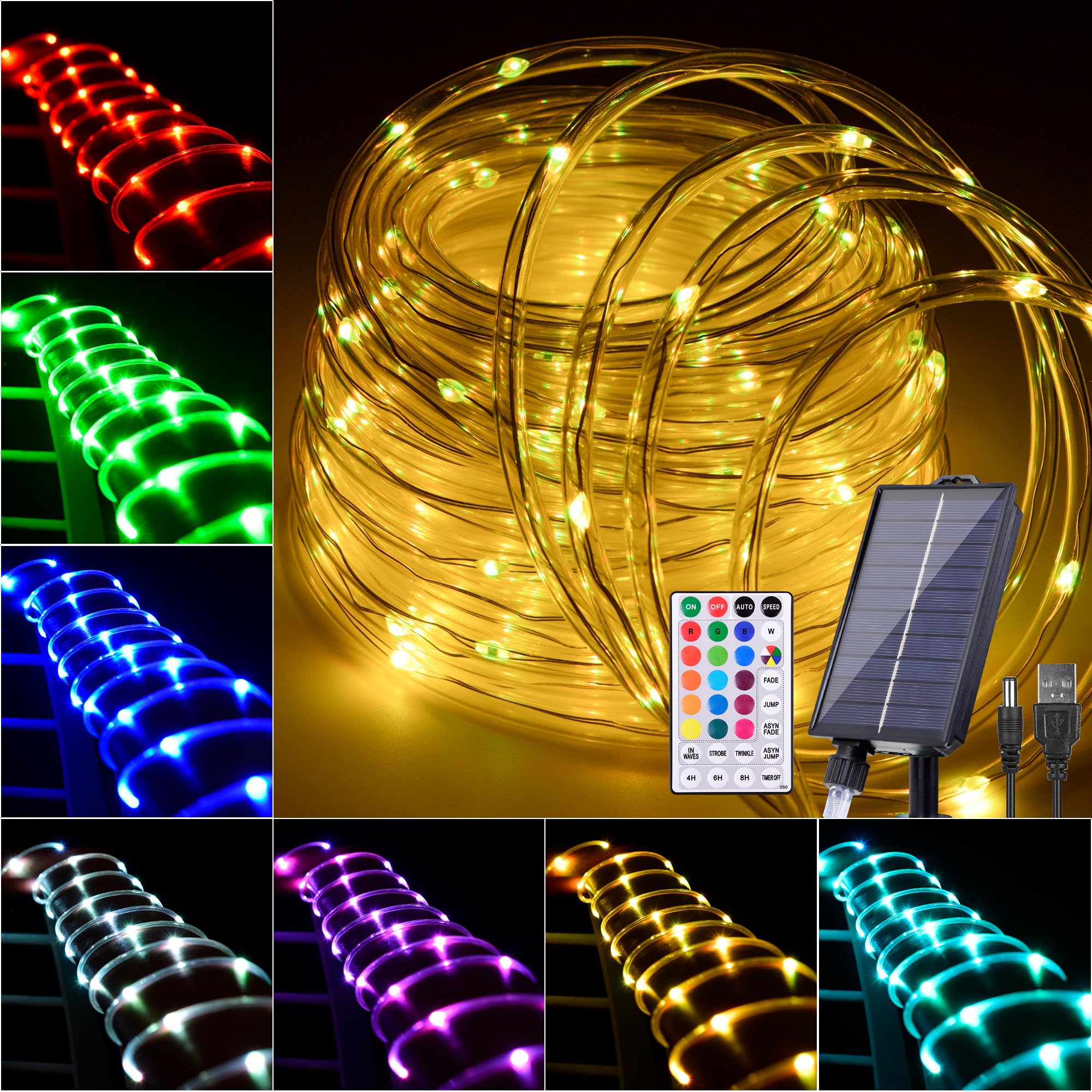 Nazuwke 49Ft Solar Rope Lights Outdoor Waterproof, 18 Colors Changing 150 Leds Fairy String Lights Usb & Solar Powered With Remote, Multicolor Tube Light For Outside Trampoline Yard Christmas Decor