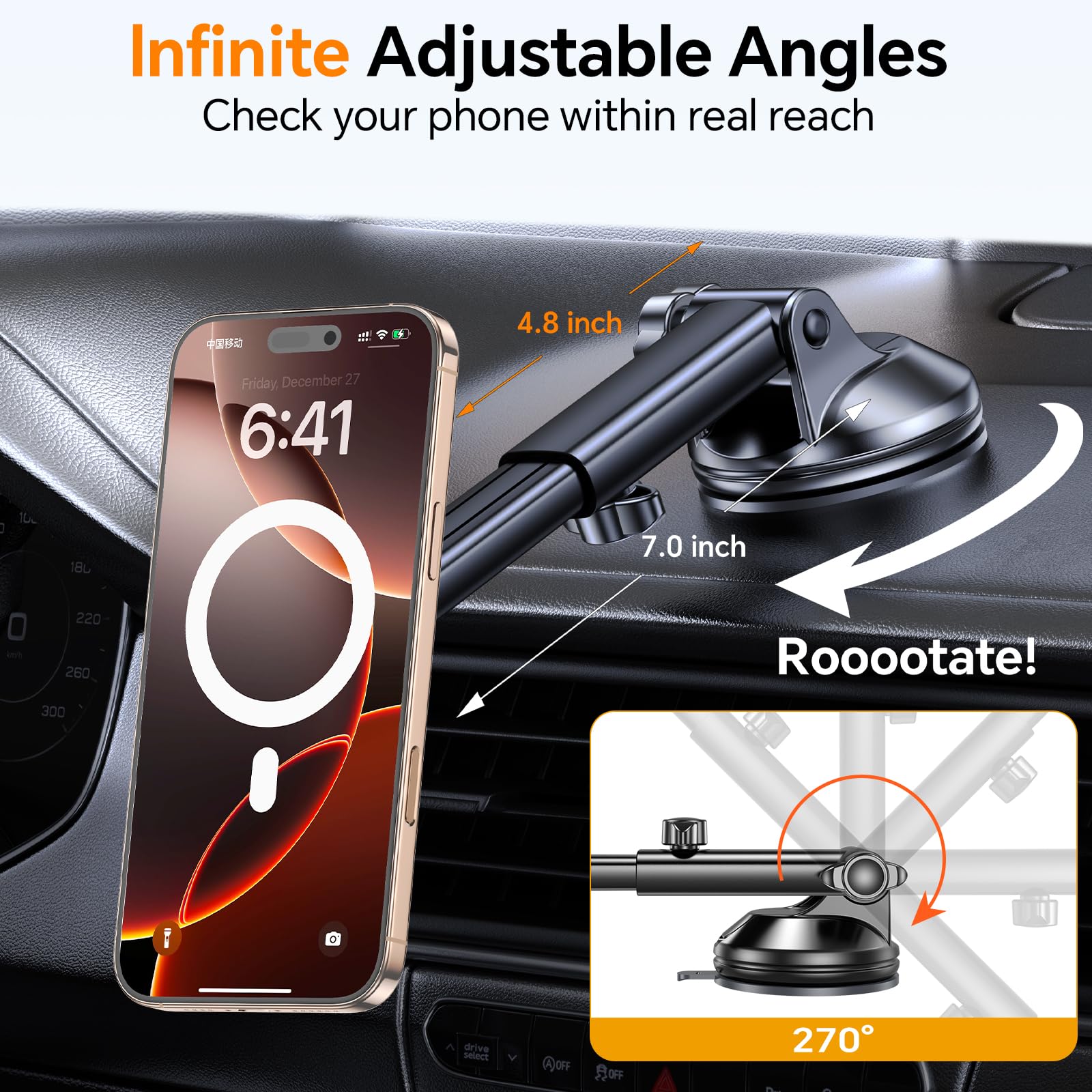 Romuto For Magsafe Car Mount【Strongest Magnet】 Magnetic Phone Holders For Your Car Dashboard Wind Vent Cell Phone Holder【360° Rotation】 Suction Car Mount For Iphone 16 15 14 13 12 Grey