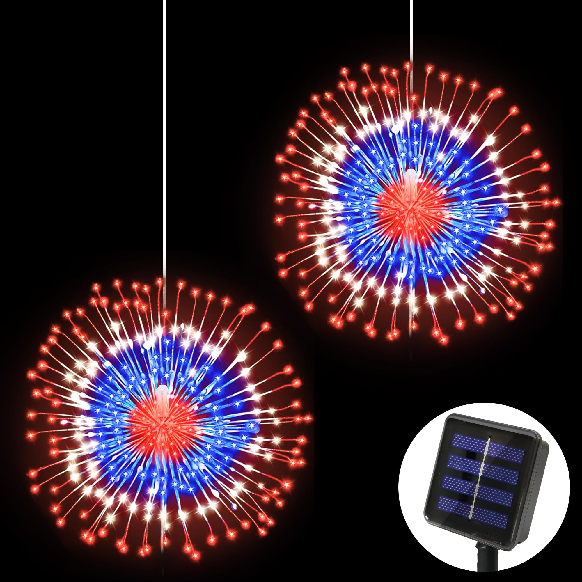 Sakayo 4Th Of July Decorations Outdoor Solar Lights, 2 Pcs 180 Led Fourth Of July Red White Blue Patriotic Firework Lights, Solar Outdoor Lights With 8 Modes For Independence Day Memorial Day July 4Th Decor