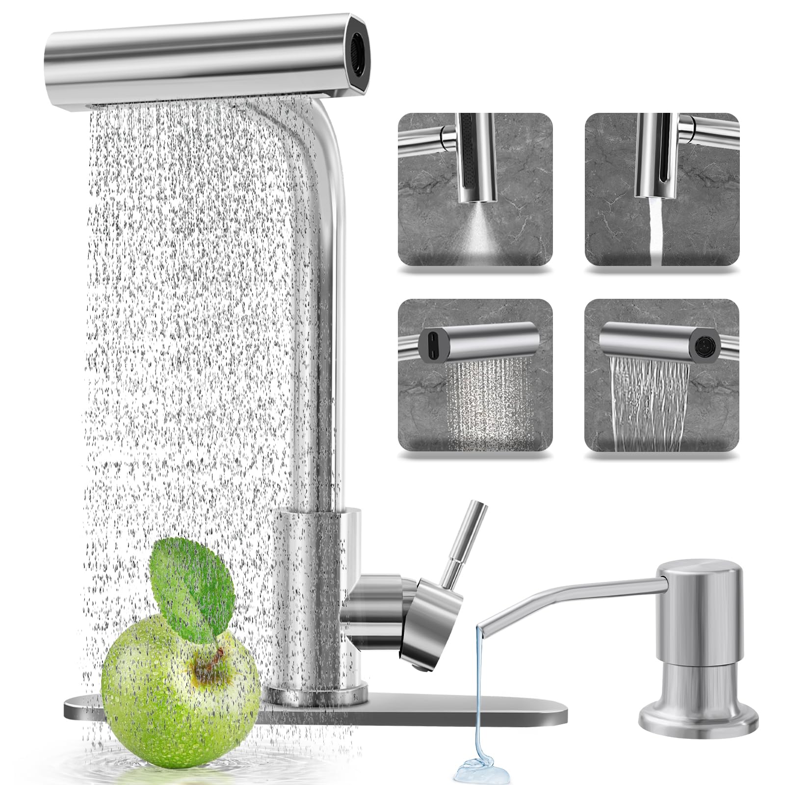 Wuevu Kitchen Faucets With 4 Modes Pull Down Sprayer, Brushed Nickel Kitchen Sink Faucet With Soap Dispenser, Stainless Steel Modern Waterfall Faucet For Kitchen Sink, Bar, Laundry, Rv