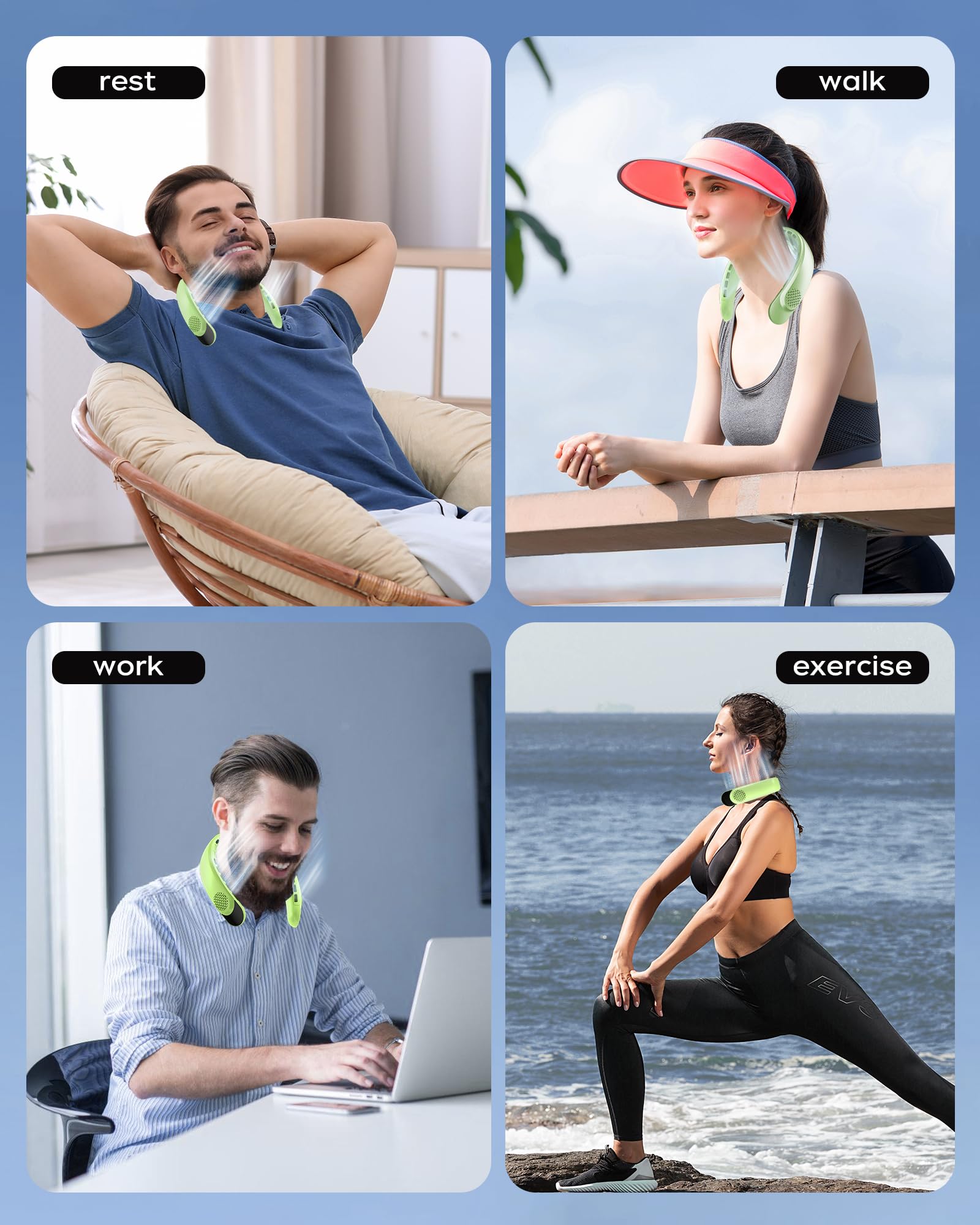 Bladeless neck fan with 4 turbo speeds, 4000mAh battery-operated, USB rechargeable for hands-free cooling