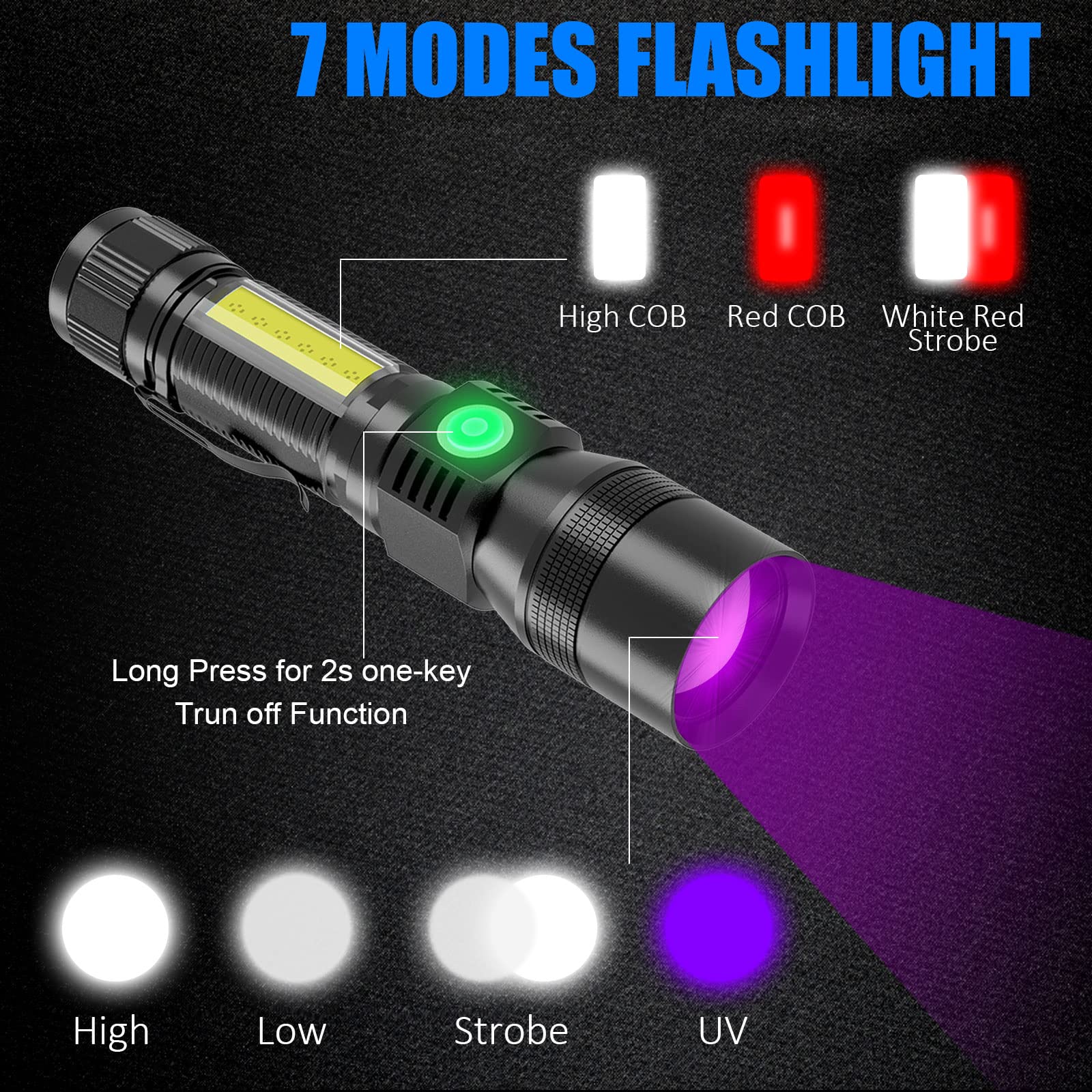 Proastar Rechargeable Uv Flashlight, 3 In 1 Uv Led Tactical Flashlight, Magnetic Led Flashlight With Pocket Clip, 7 Modes, Zoomable, Black 016-2Pack 016-2 016-2