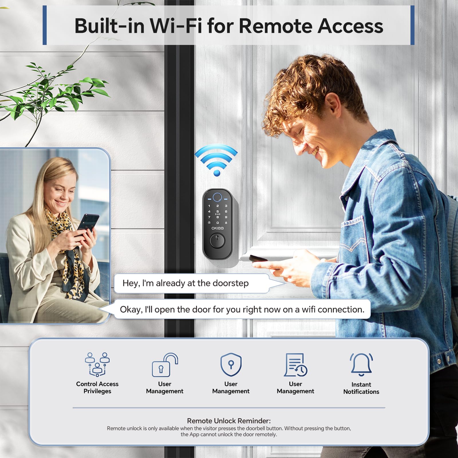 Okibb Keyles Entry Door Lock With Built-In Wi-Fi App Remote Control, Fingerprint Door Lock With Doorbell, Smart Locks For Front Door, Auto Locking, Black