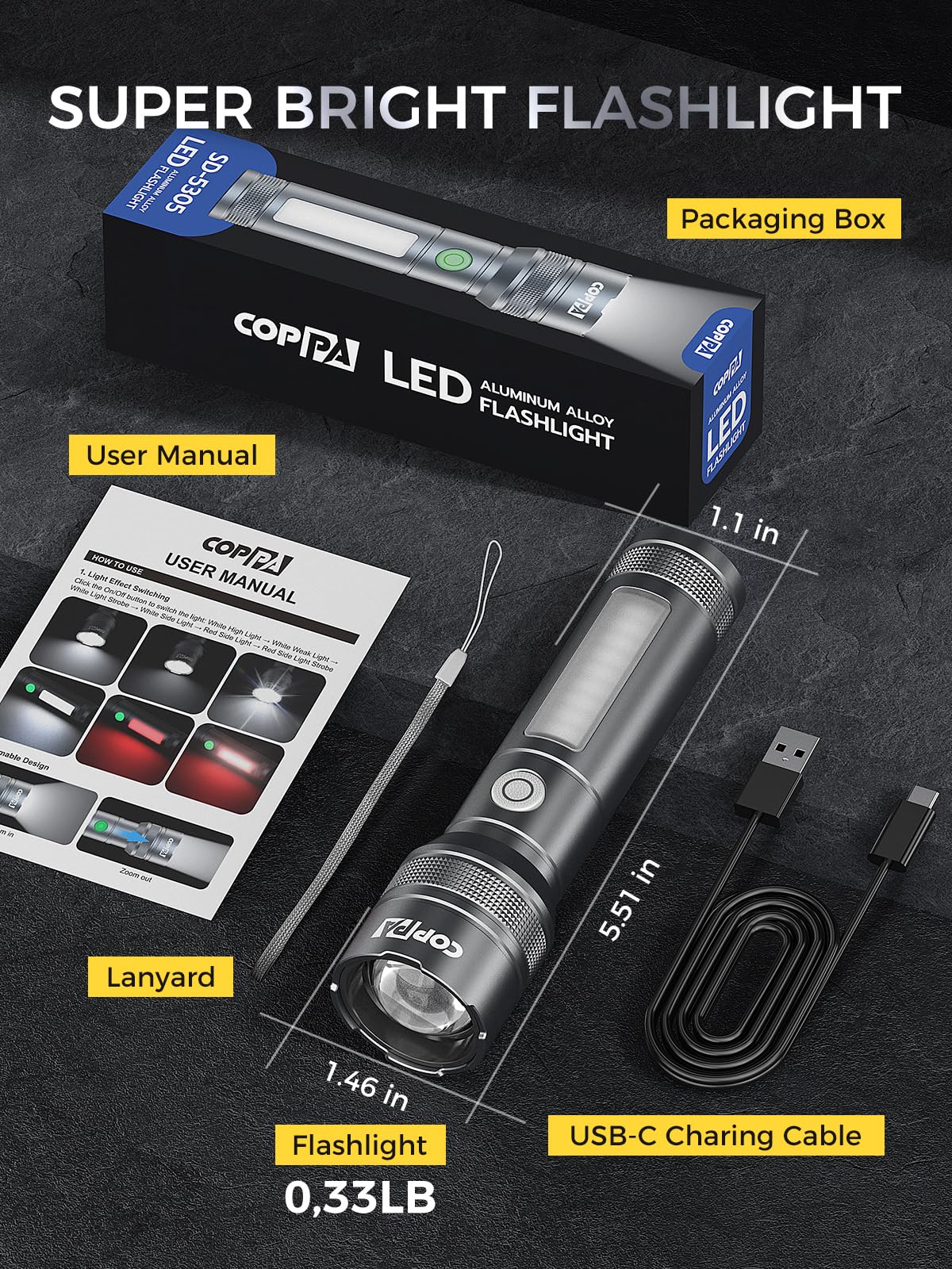 Coppa Flashlight, High Lumen Rechargeable Led Flashlights 6 Modes Zoomable Aluminum Small Powerful Flashlight With Emergency Red Sidelight Brightest Mini Handheld Flash Light For Home Camping, Gray