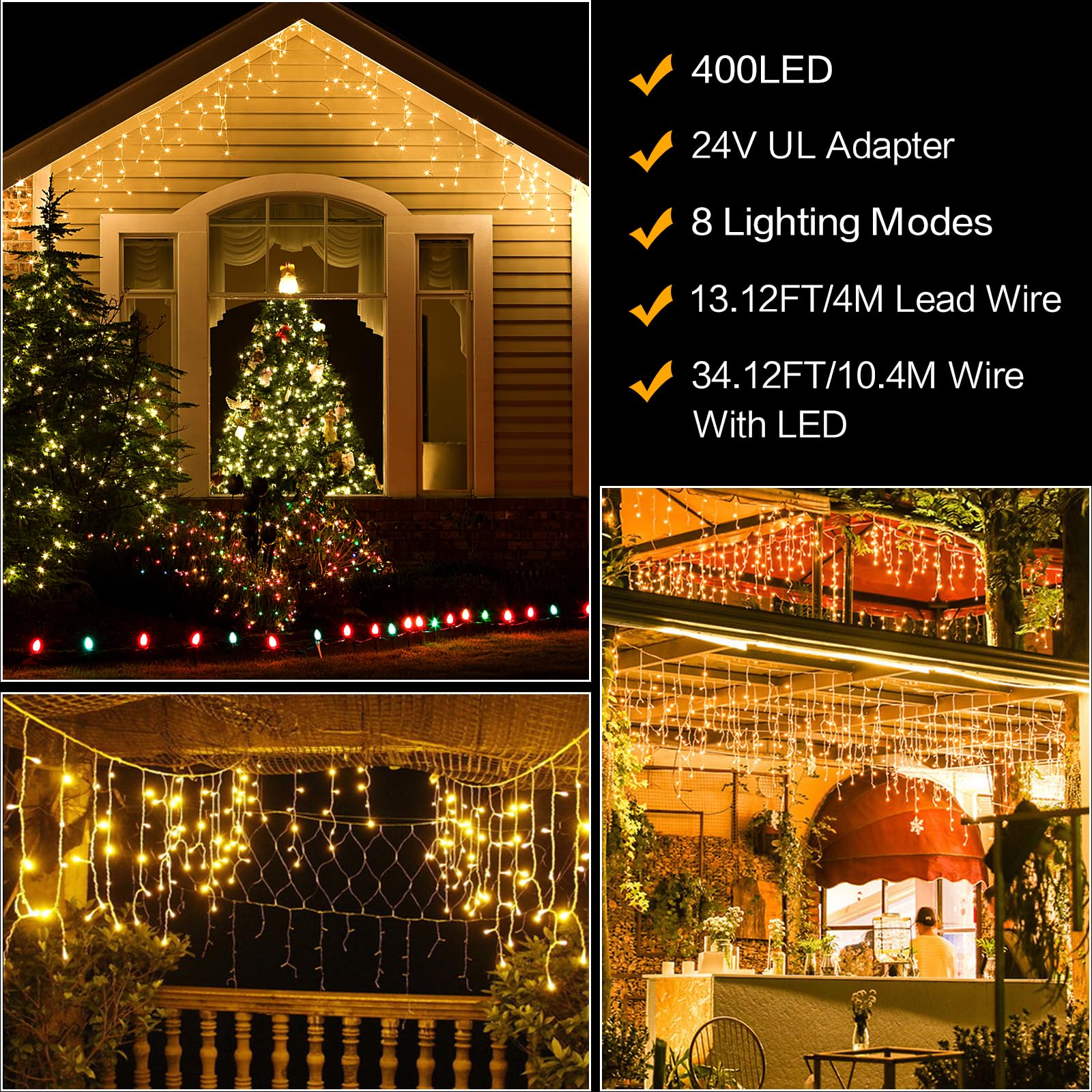 Techip Tchip Christmas Icicle Lights Outdoor, 33Ft 400 Led For Outside, Plug-In Curtain String Twinkle Tree 8 Modes Waterproof Patio Party Holiday Decorations Warm White