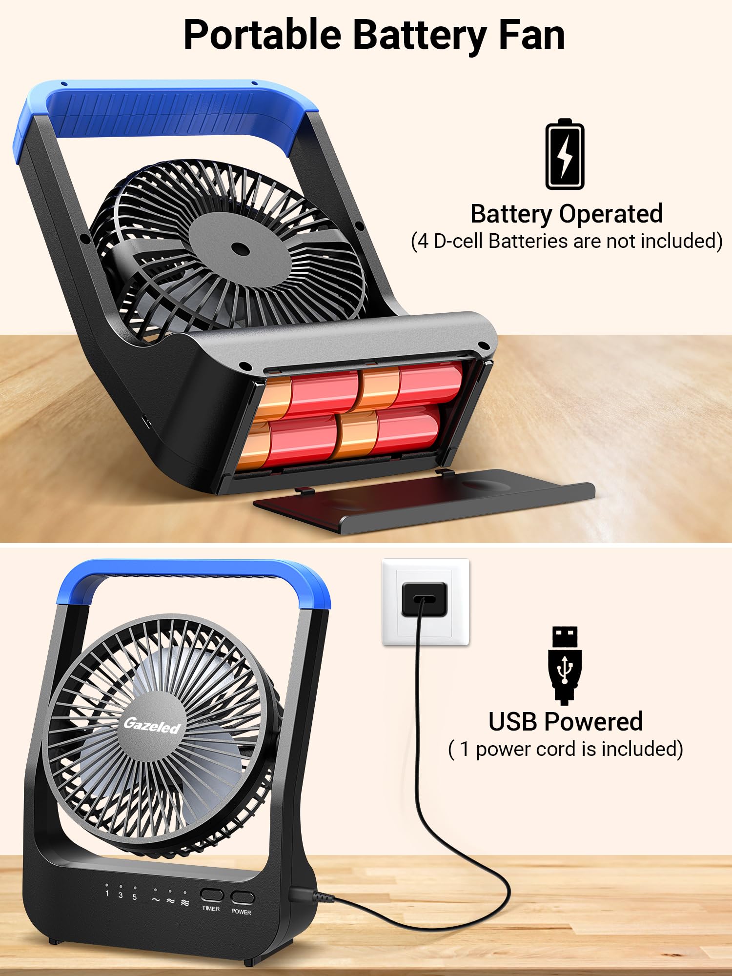 Long-lasting battery-powered fan with D-cell power, ideal for camping, outdoor activities, and emergency cooling