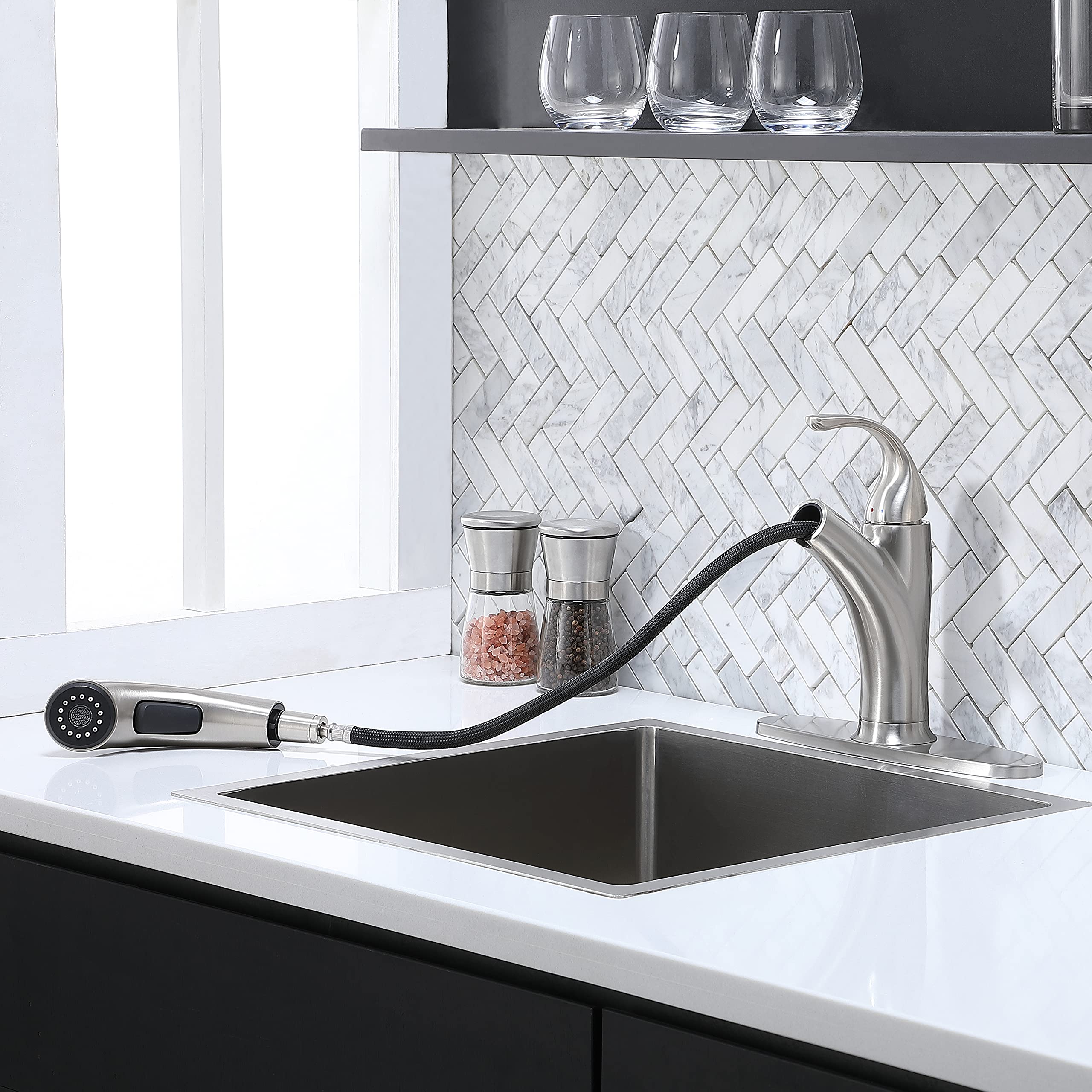 Ikebana Kitchen Faucet With Sprayer Brushed Nickel, Rv Kitchen Sink Faucet, Stainless Steel Pull Out Faucet For Kitchen Sink,1 Or 3 Hole Small Kitchen Faucets With Deck Plate And Supply Hoses