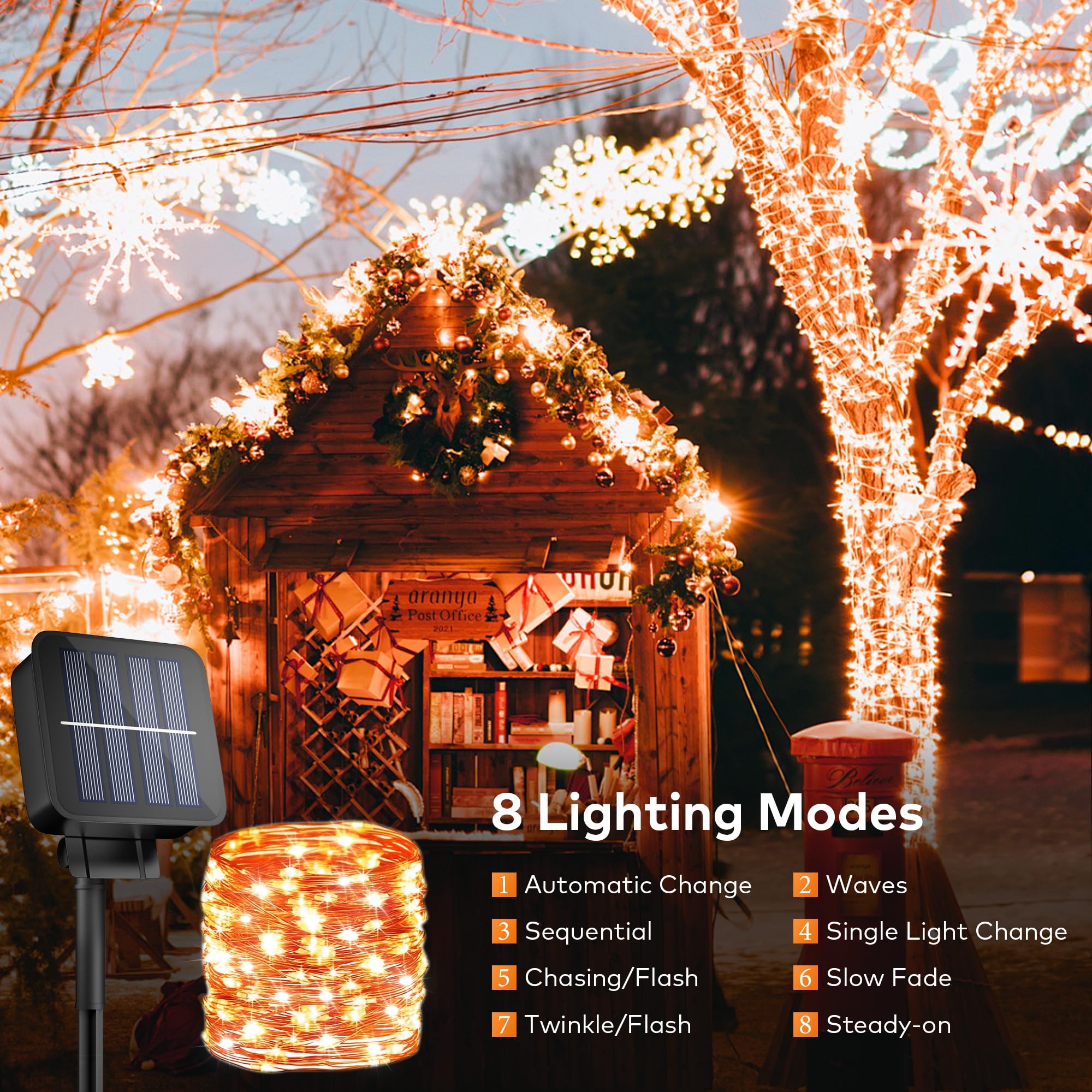 Ohlux 3 Pack Solar String Lights Outdoor, Orange Total 99Ft 300Led Solar Powered Waterproof Fairy Lights, 8 Modes Christmas Lights For Garden Christmas Patio Tree Wedding Decor