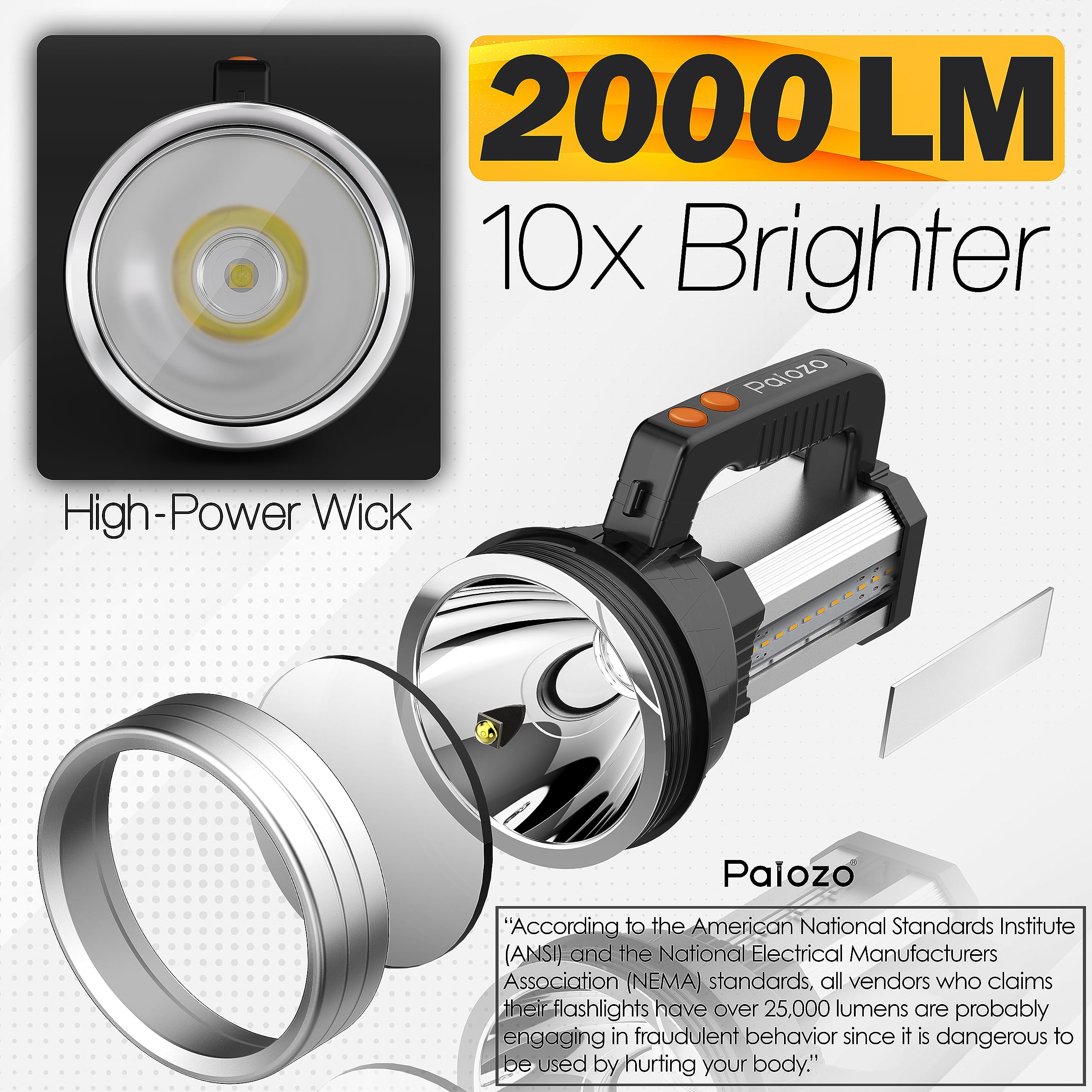 Palozo 2000-Lumen Long-Shot Flashlight High Lumens, Rechargeable Flashlights Led Spotlight/Searchlight, Tactical Bright Flashlight, Camping Light For Outdoor Adventure, Emergency, Home Repairs