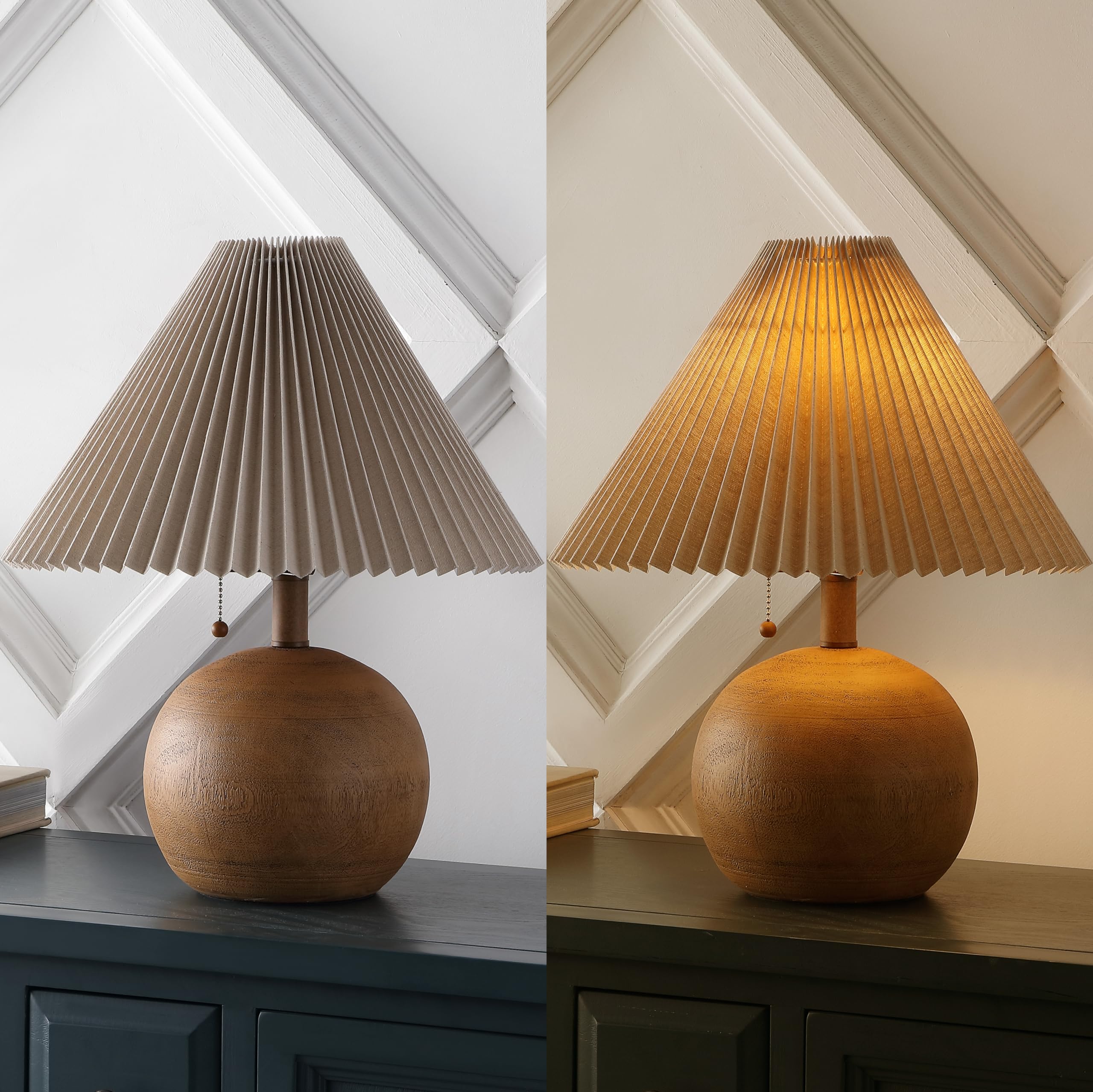 Jonathan Y Jyl1145A Aksel 17.25" Coastal Scandinavian Resin/Iron Sphere Led Table Lamp With Pleated Shade And Pull Chain, Brown Wood Finish/Beige, For Entry Console, Bedroom, Living Room