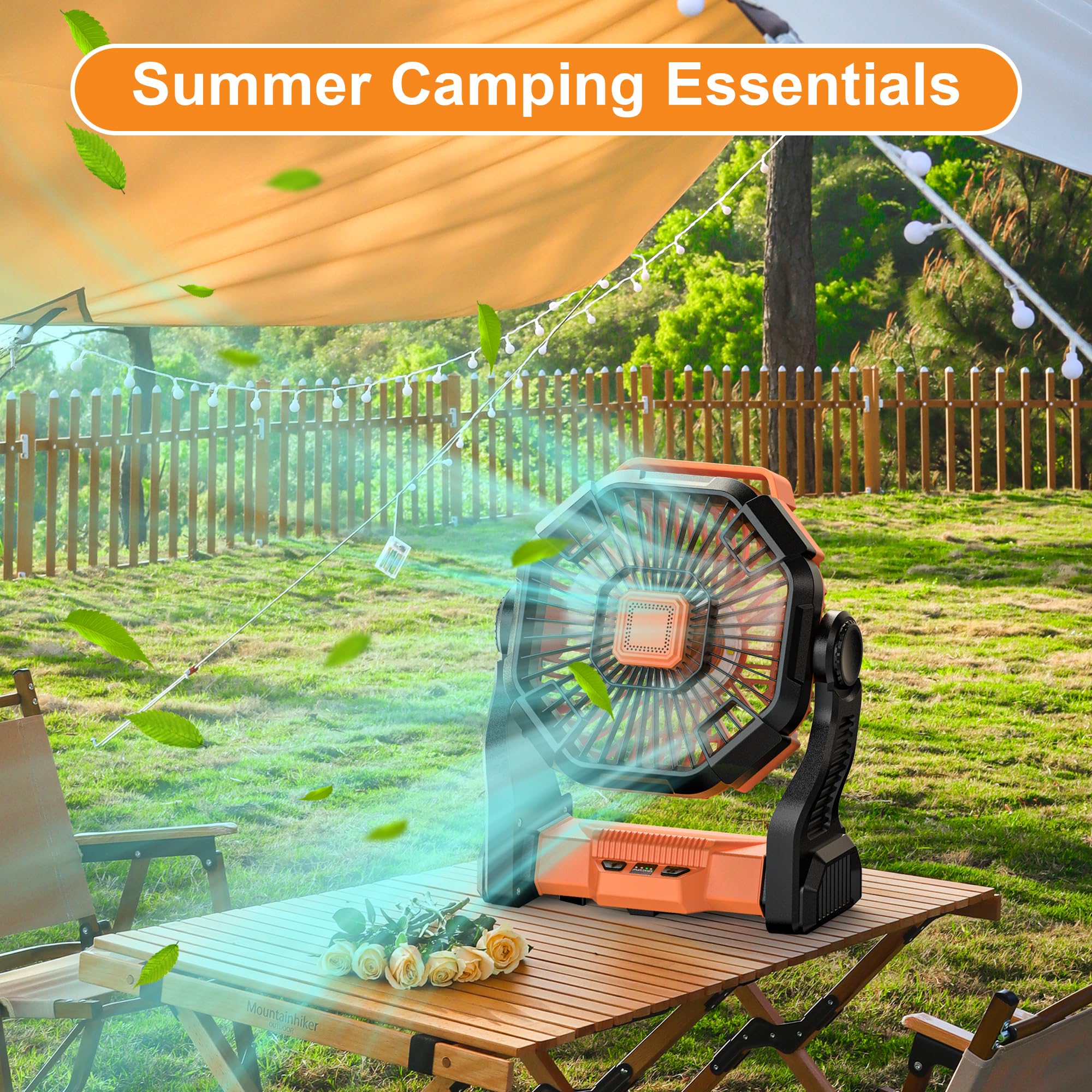 Rechargeable camping fan with 12000mAh battery, portable, light-equipped for effective cooling in outdoor settings