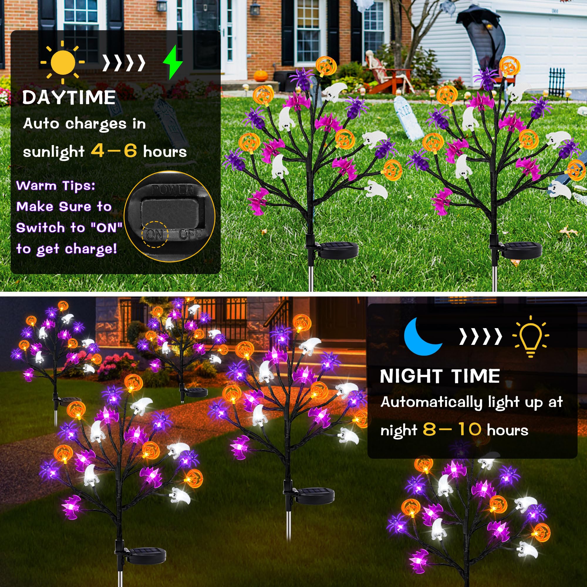 Sakayo Halloween Decorations Outdoor Solar Lights, 2 Pack Halloween Lights Outdoor Solar Lights Waterproof With 20 Led Ghosts Bats Spiders Pumpkin Lights, 2 Modes Solar Pathway Lights For Halloween Decor