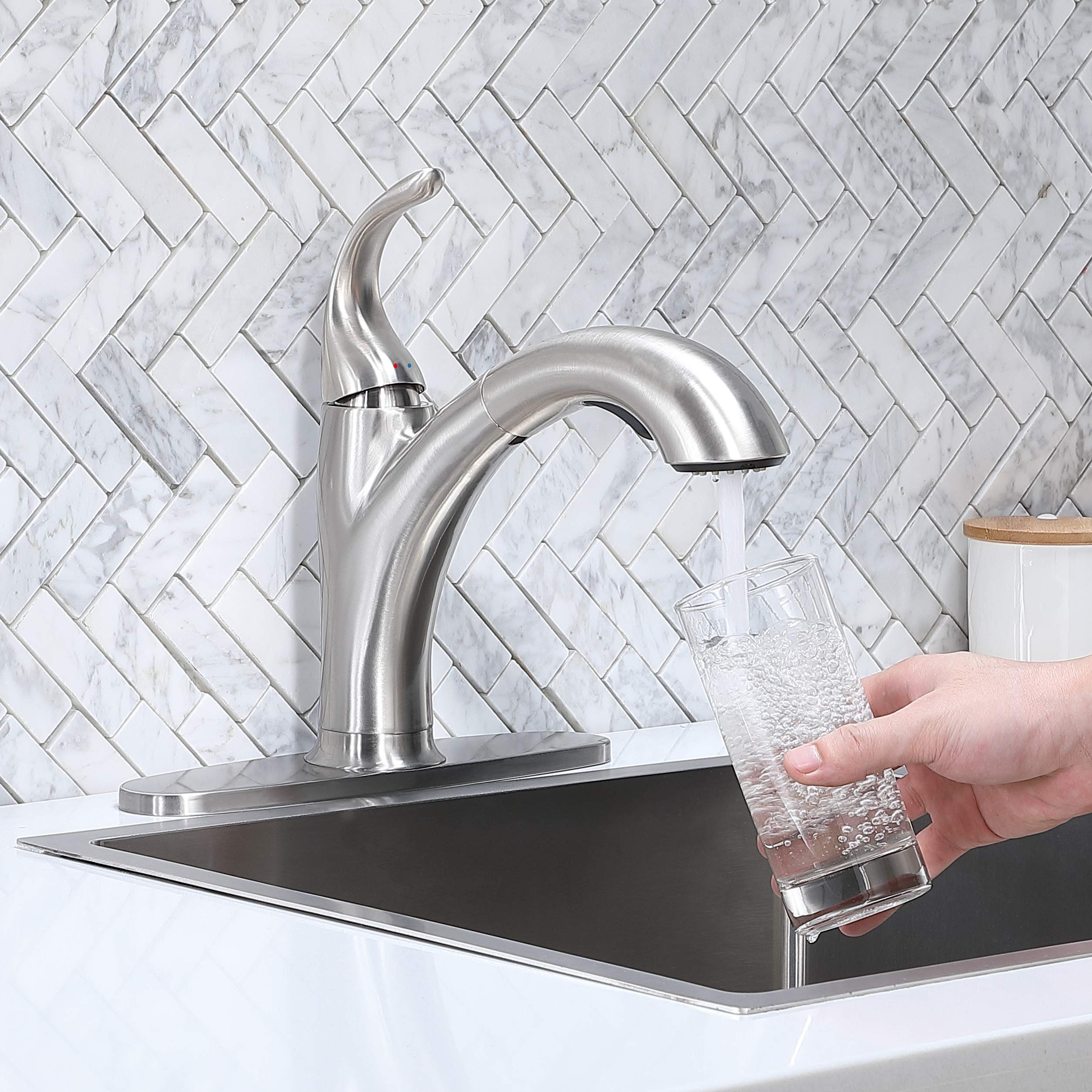 Ikebana Kitchen Faucet With Sprayer Brushed Nickel, Rv Kitchen Sink Faucet, Stainless Steel Pull Out Faucet For Kitchen Sink,1 Or 3 Hole Small Kitchen Faucets With Deck Plate And Supply Hoses