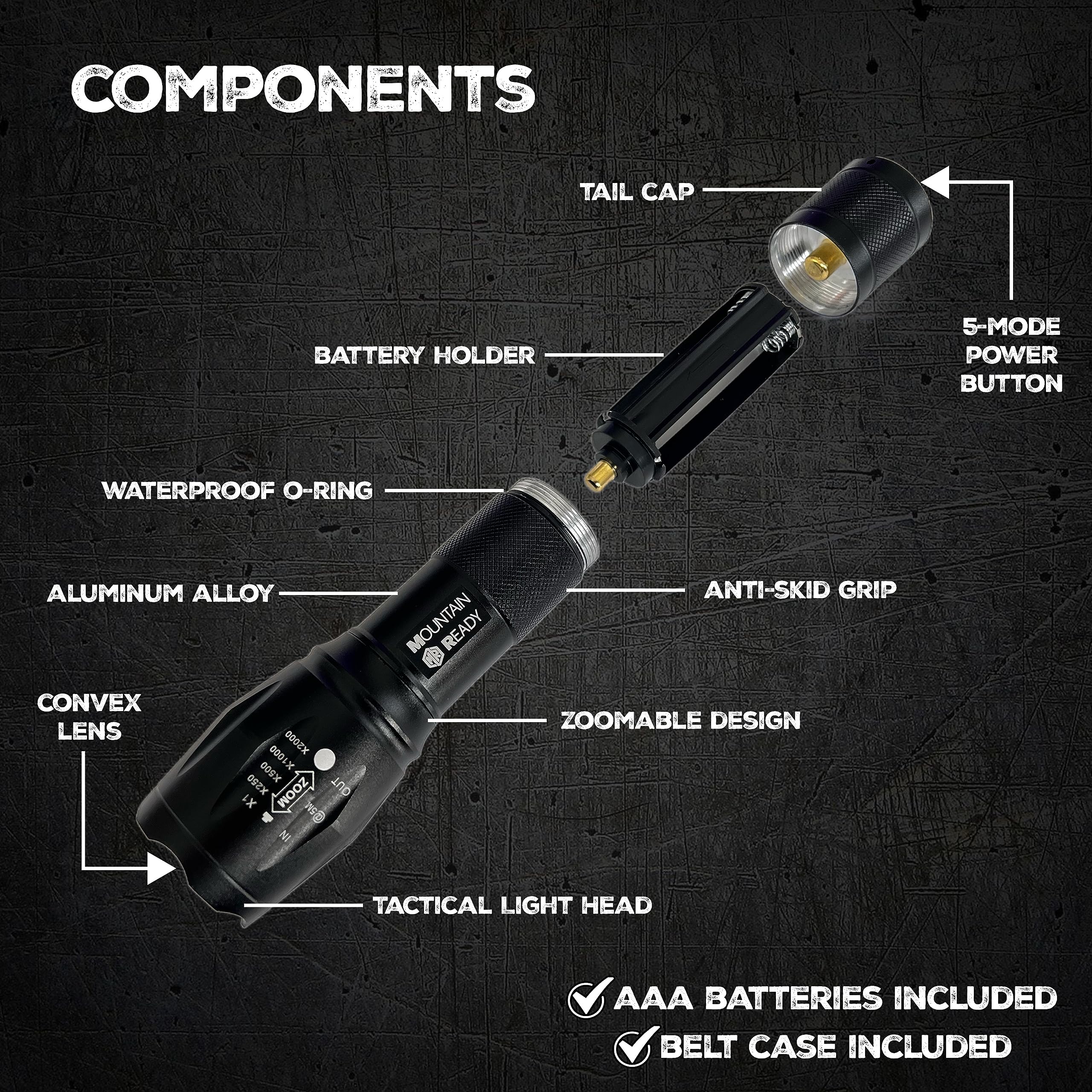 Mountain Ready Led Flashlight – Bright, Zoomable, High Lumen 5-Mode Tactical Flashlight – Aaa Batteries & Case Included. Perfect For Emergencies, Outdoors, Camping, Edc Or A .